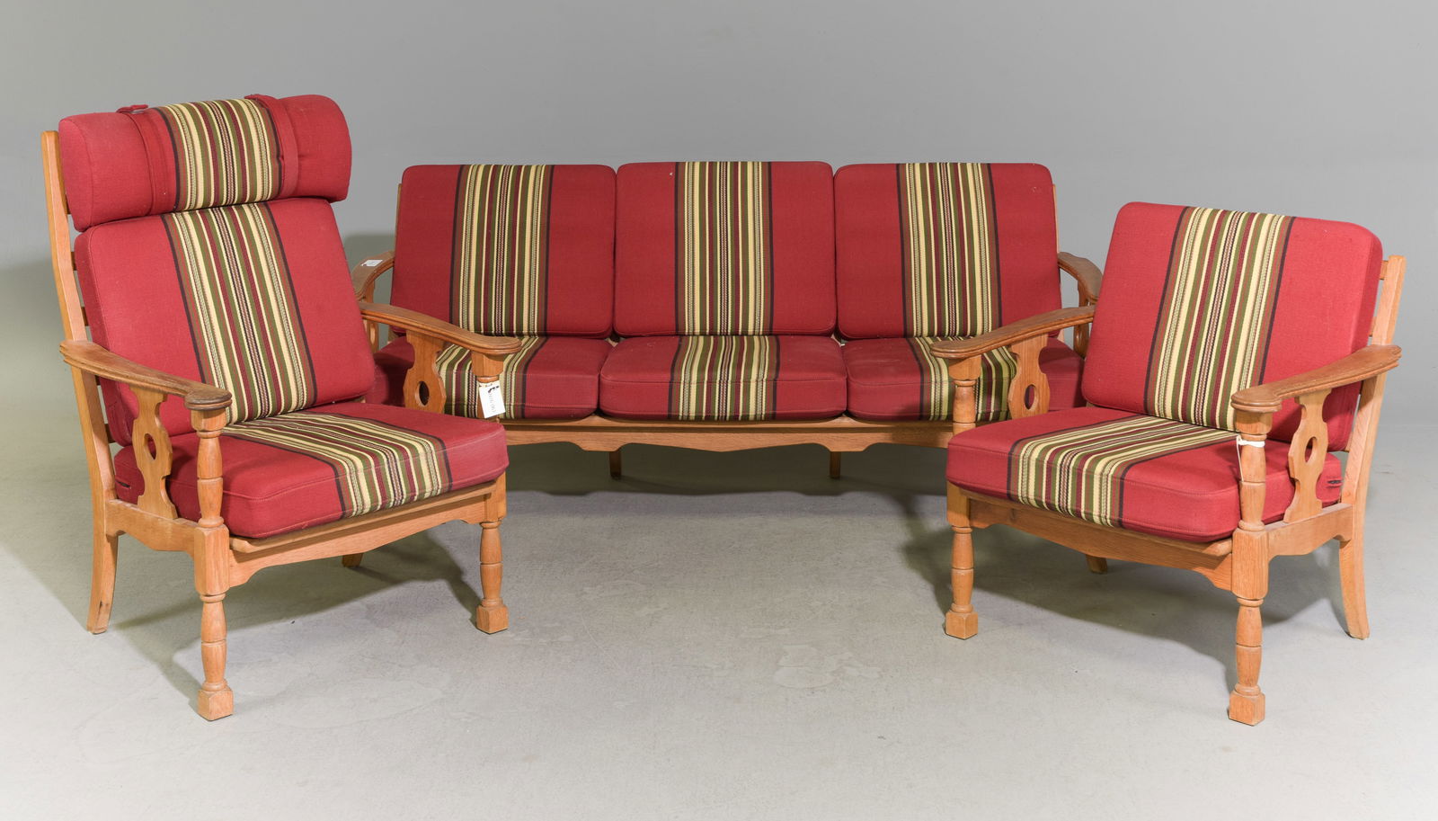Danish Oak Sofa & Two Arm Chairs: Danish Oak Sofa & Two Arm Chairs - Sofa is 30.5 in tall x 69 x 29 with a seat height of 16.5 inches, Arm chairs are 30.5 in tall x 27.5 x 28 with a seat height of 16.5 inches and 37.5 in tall x 27.5 x