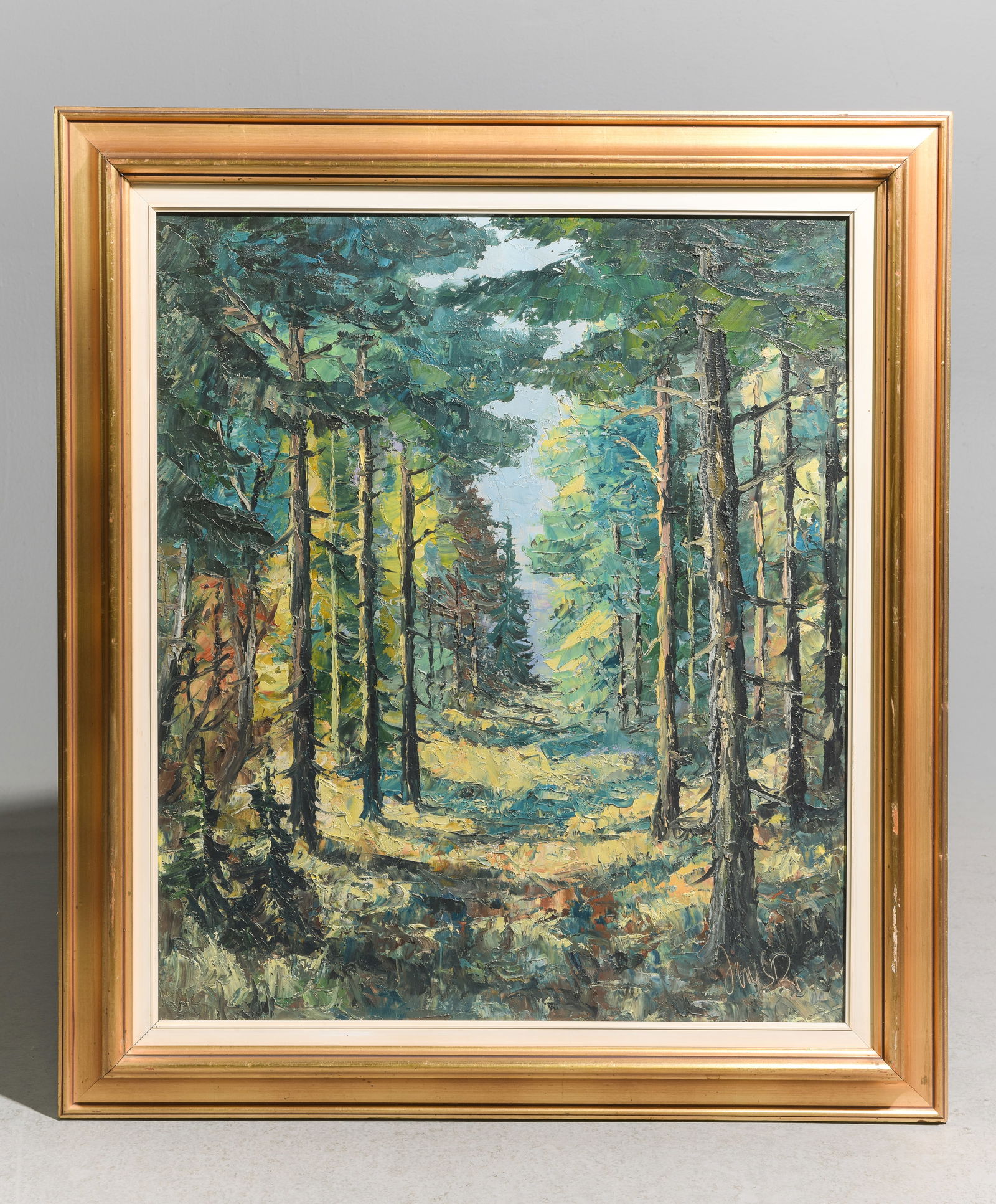 Danish Framed Woodland Landscape: Danish Framed Woodland Landscape on Canvas c.1921 - 34 in tall x 30 x 2, The work itself is 27.5 x 23.5