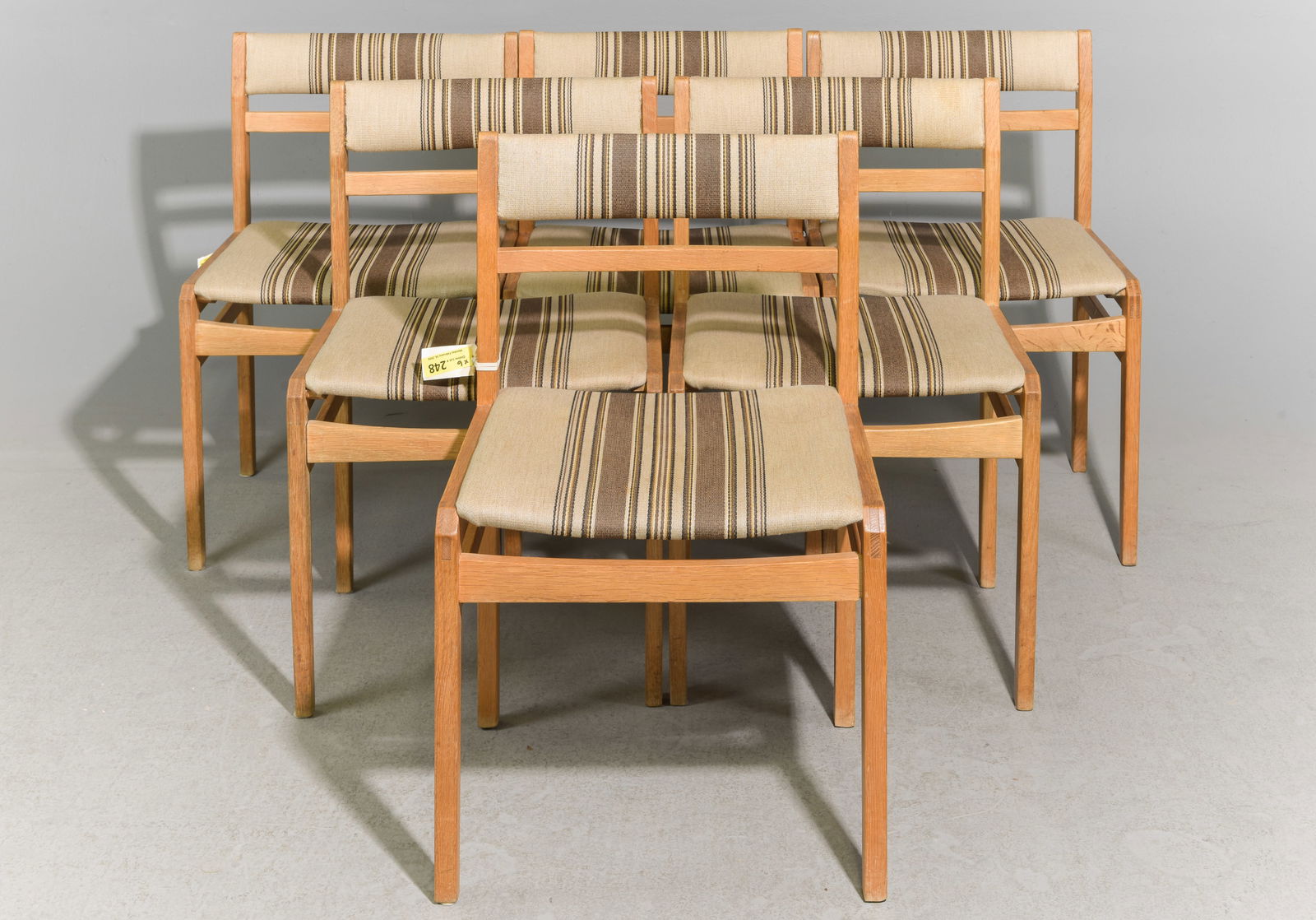 Danish Oak Set of 6 Upholstered Dining Chairs: Danish Oak Set of 6 Upholstered Dining Chairs - 30 in tall x 17 x 18 each with a seat height of 17 inches - Similar in style to / possibly by : S. Thrane & Son / Henning Kjaernulf / Guillerme & Chambr