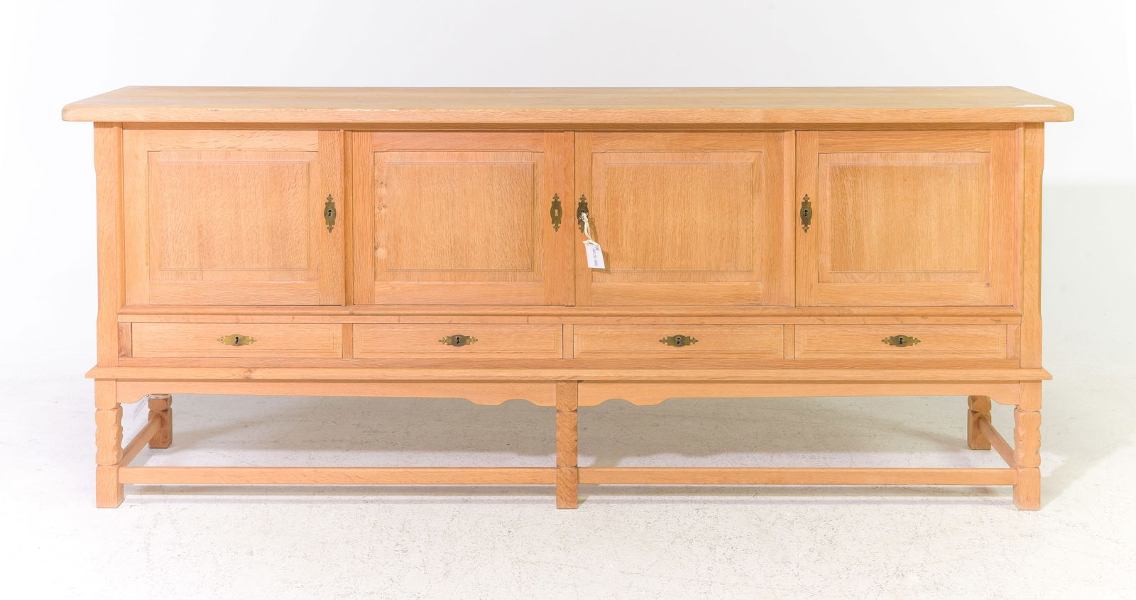Danish Oak Four Door Sideboard / Enfilade: Danish Oak Four Door Sideboard / Enfilade with Four Drawers - 36 in tall x 88.5 x 19.75 - Similar in style to / possibly by : S. Thrane & Son / Henning Kjaernulf / Guillerme & Chambron.