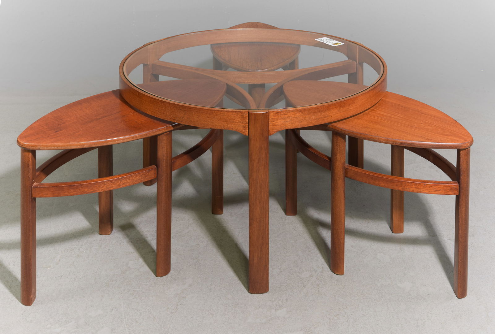 Mid Century Modern Round Trinity Coffee Table Nest: Danish Modern Style Round Trinity Coffee Table with Three Nesting Tables by Nathan Furniture Co. - 20 in tall x 32 inch diameter, The small pull out tables are 17 in tall x 15 x 13 each
