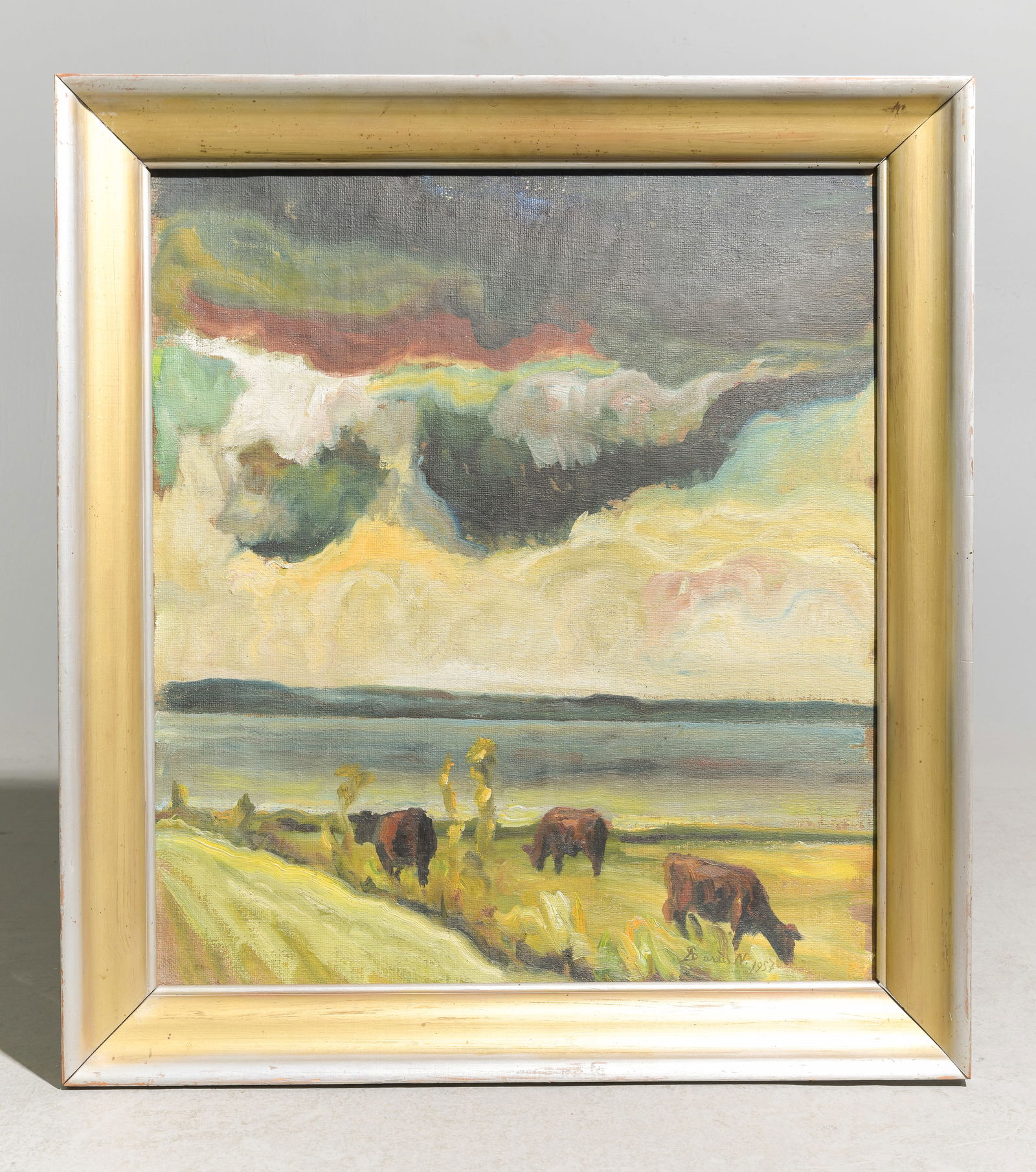 Danish Framed Acrylic on Canvas - Cows: Danish Framed Acrylic on Canvas - Cows - 28 in tall x 31.5 x 3.5, The work itself is 27 x 23