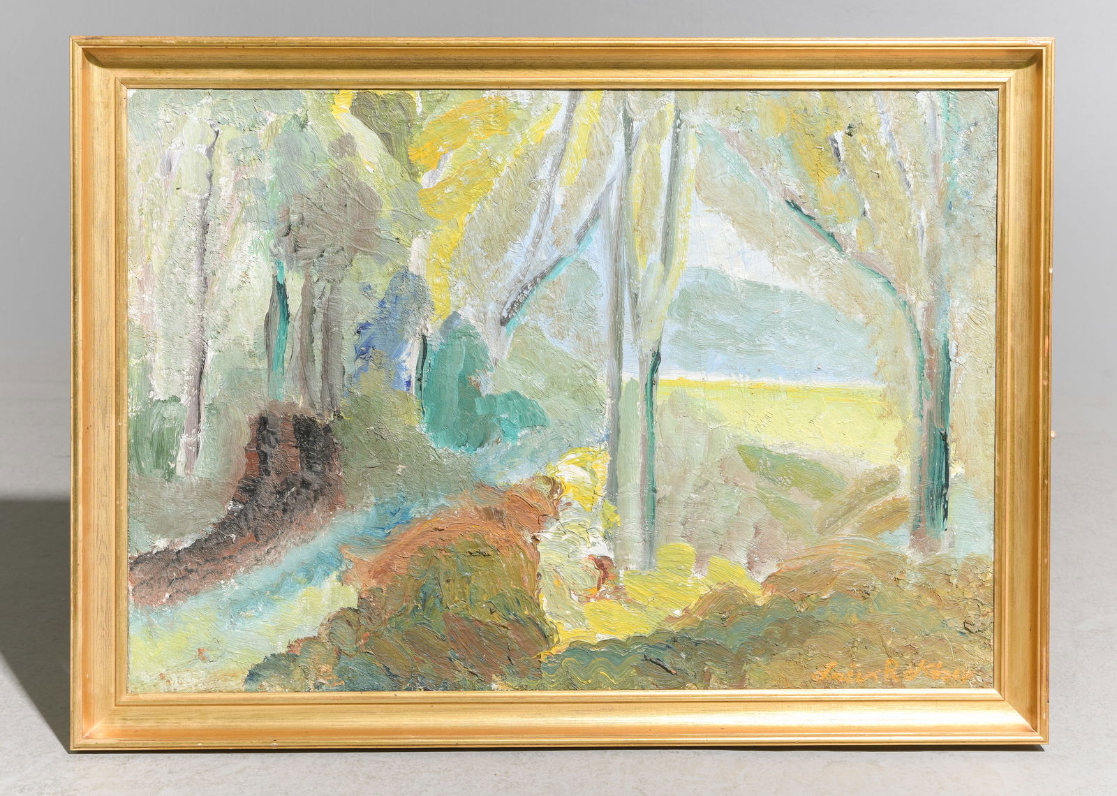 Danish Framed Impressionist Landscape: Danish Framed Impressionist Landscape - 22 in tall x 34.75 x 2, The work itself is 18.5 x 27.5