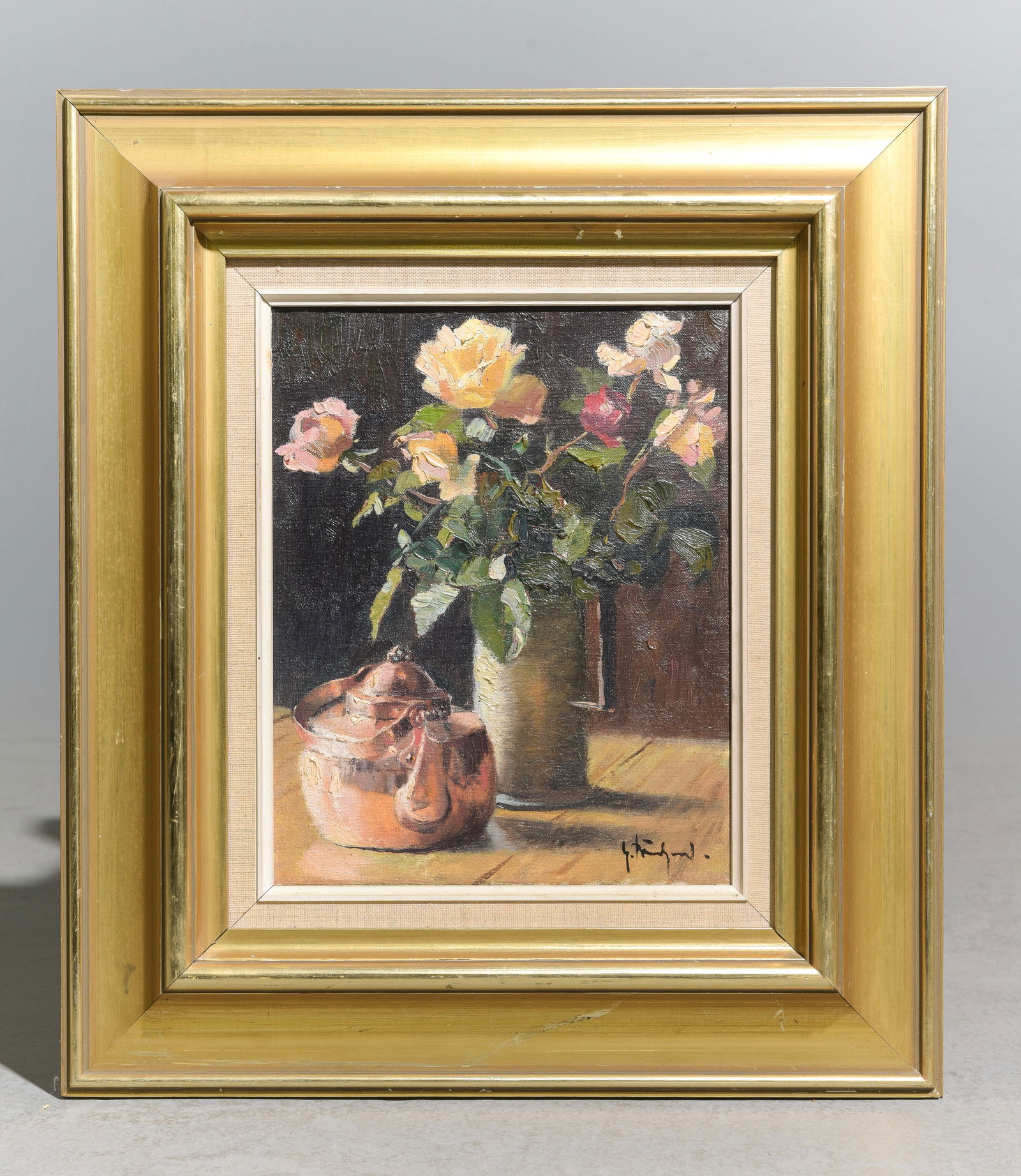 Danish Gold Framed Small Floral Still Life: Danish Gold Framed Small Floral Still Life - 20.5 in tall x 17.75 x 1.5, The work itself is 11.75 x 9.25