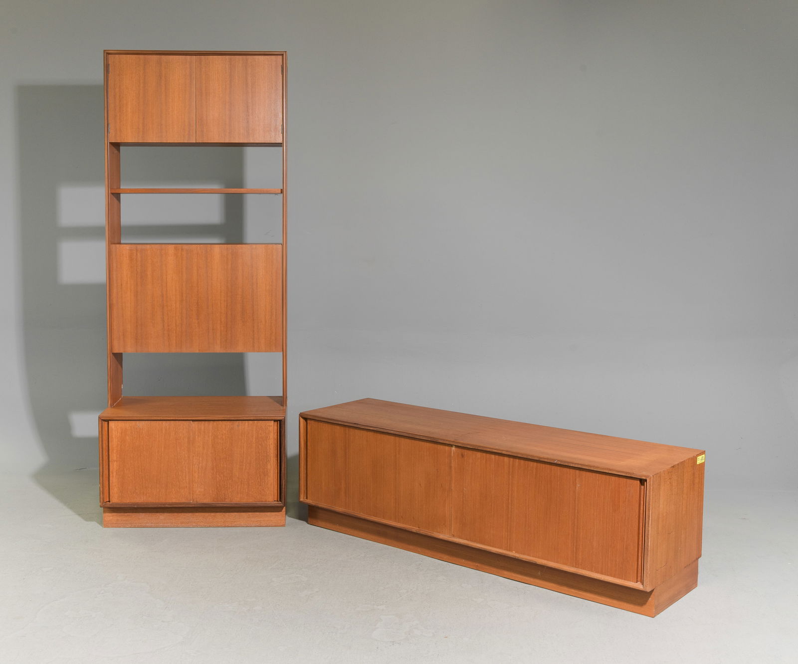 Mid Century Modern Gplan Wall Unit & Credenza: Danish Modern Style Teak Bookcase / Wall Unit and Low Credenza / Base by British Furniture Maker G-Plan, Part of their Form V Series - 78 in tall x 30 x 18 and 19.25 in tall x 60 x 18