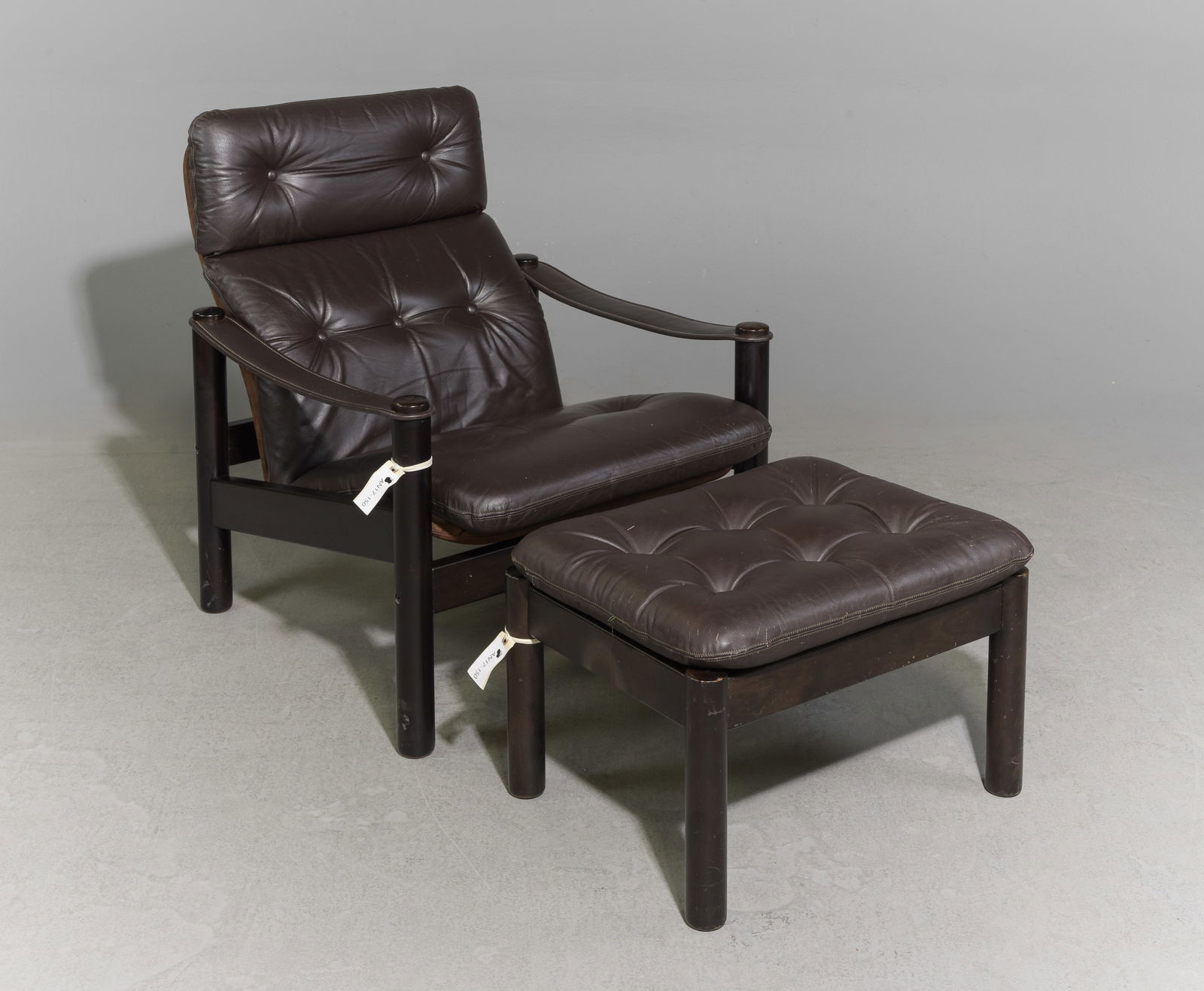 Danish Modern Leather Lounge Chair & Stool: Danish Mid Century Modern Leather Lounge Chair & Stool - 31 in tall x 21 x 30 with a seat height of 15 inches