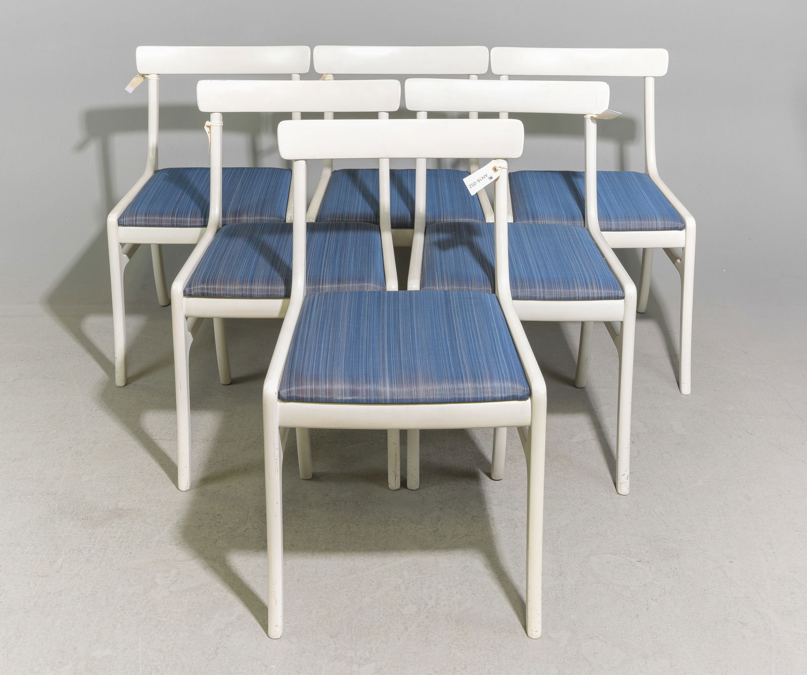 Danish Modern Set of 6 White Dining Chairs: Danish Mid Century Modern Set of 6 White Dining Chairs with Blue Upholstery - 30.5 in tall x 18.5 x 19 each with a seat height of 17.25 inches