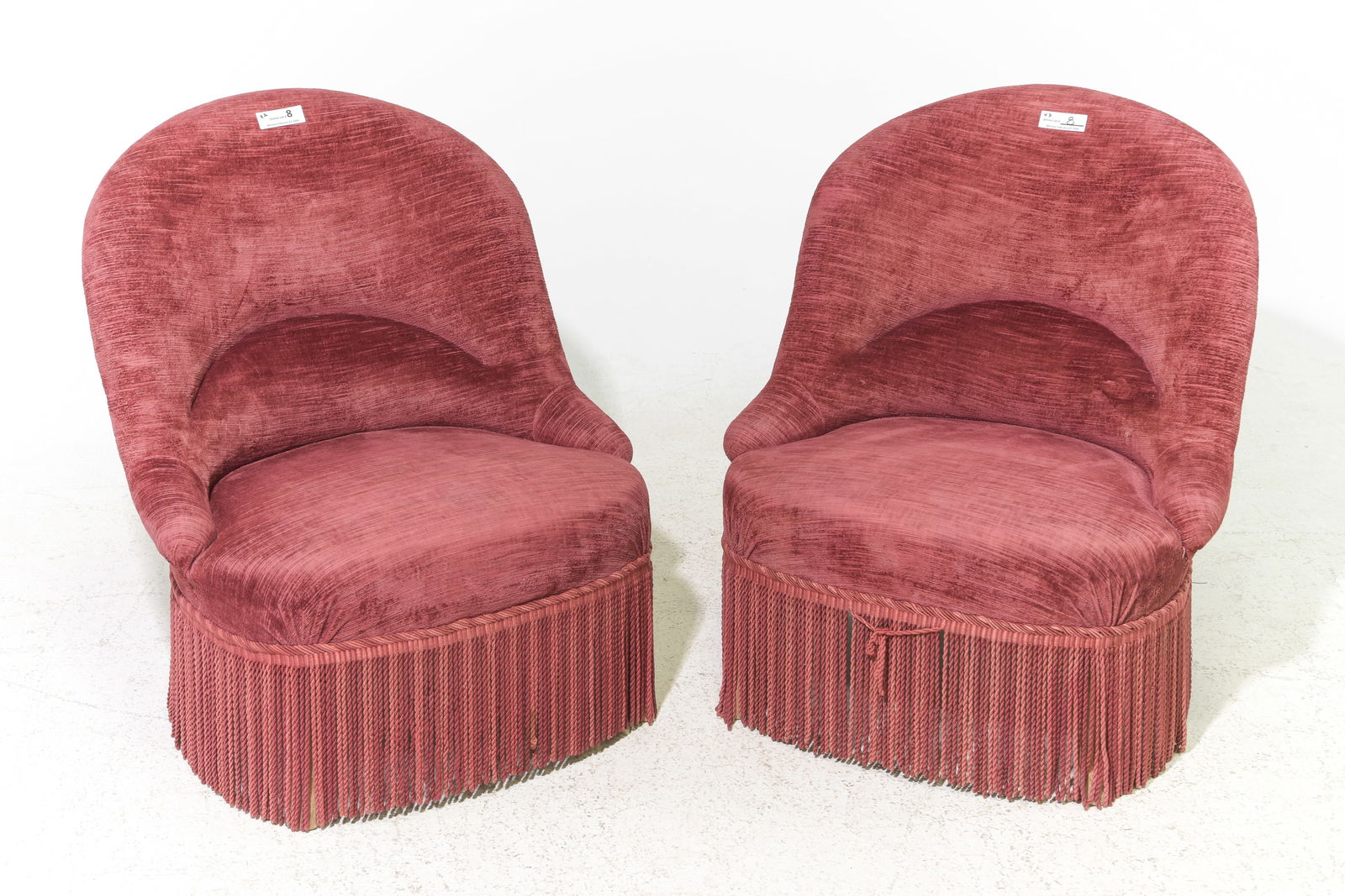 2 French Burgandy Crapeau Chairs: 2 French Burgandy Upholstered Crapeau Chairs with Fringed Skirts - 30 in tall x 26 x 27 each with a seat height of 14 inches