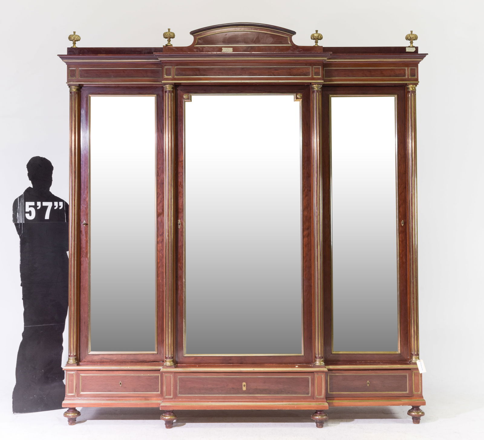Louis XVI Style Large Triple Mirror Door Armoire: French Louis XVI Style Large Triple Beveled Mirror Door Mahogany Armoire with Brass Inlays - 99 in tall x 91 x 24