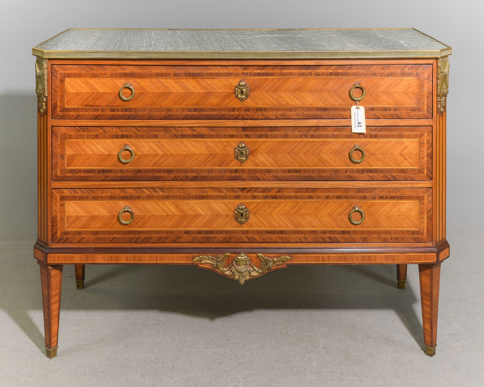 Louis XVI Style Green Inset Marble Top Chest: French Louis XVI Style Green Inset Marble Top Three Drawer Chest - 37.5 in tall x 49 x 20.5