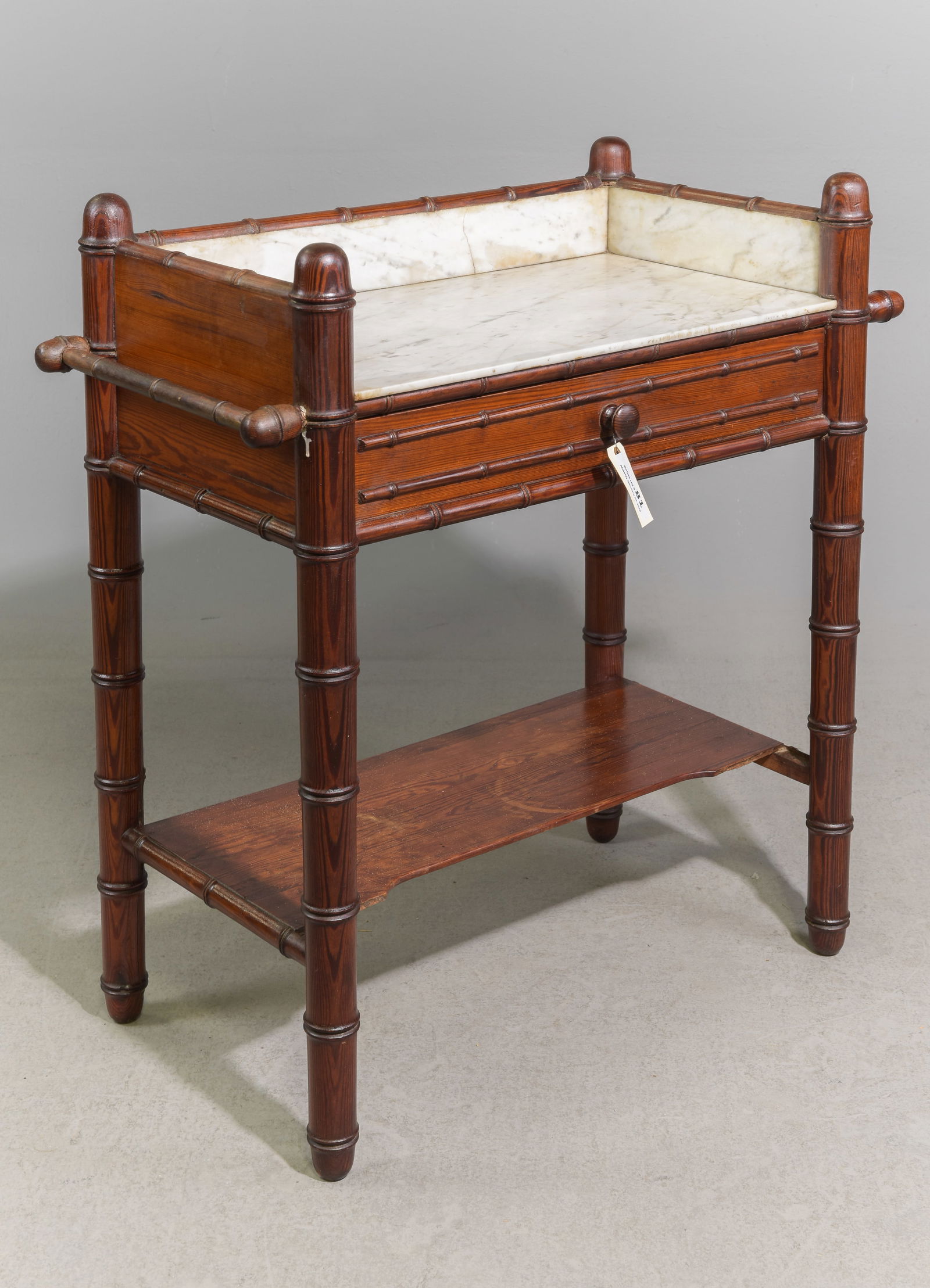 French Faux Bamboo White Marble Washstand: French Faux Bamboo White Marble Top Washstand - 34 in tall x 33 x 17