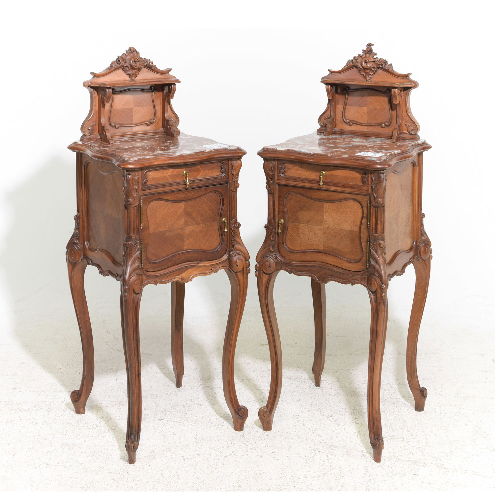 Louis XV Style Pair of Marble Top Walnut Nightstands (1 of 6)