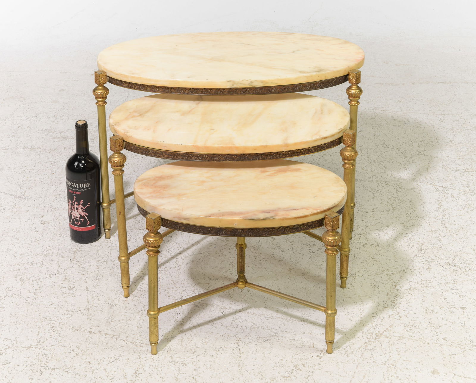 Louis XVI Style Brass & Marble Top Nest of 3 Tables #1: French Louis XVI Style Brass & Marble Top Nest of 3 Tables - 17.5 in tall x 24.5 x 15.5, 15 in tall x 20.5 x 12 and 12.5 in tall x 16.5 x 11