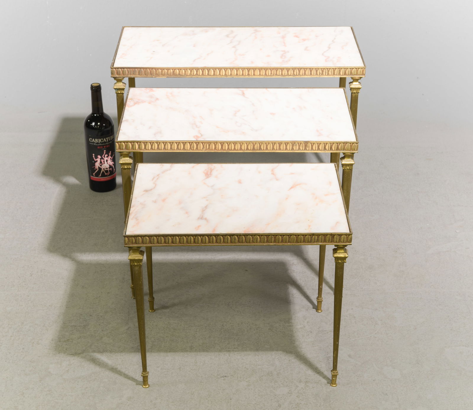 Louis XVI Style Brass & Marble Top Nest of 3 Tables #2: French Louis XVI Style Brass & Inset Marble Top Nest of 3 Tables - 17.5 in tall x 23.5 x 13, 15.5 in tall x 20 x 13 and 14 in tall x 16.5 x 13