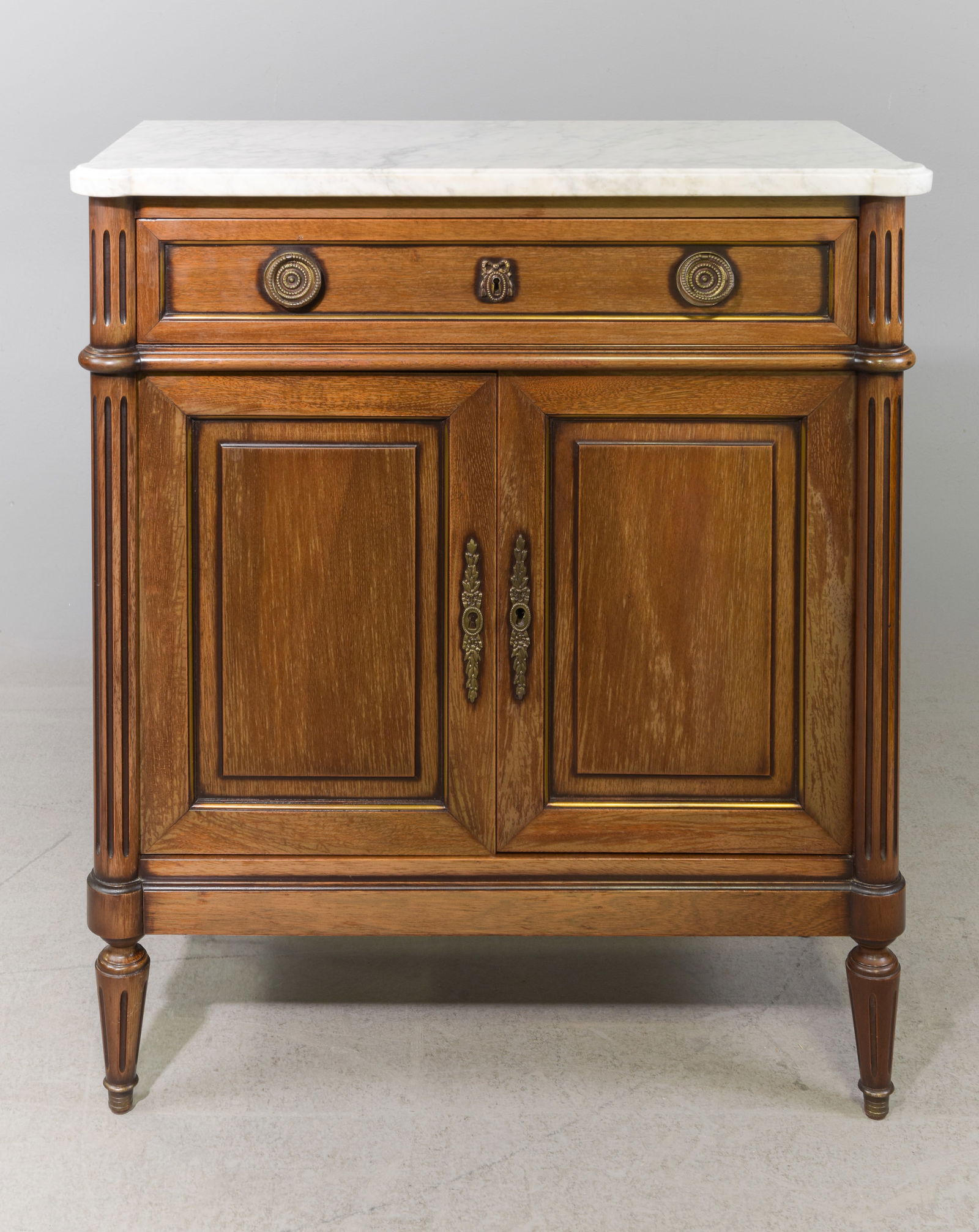 Louis XVI Style White Marble Top Hall Cabinet: French Louis XVI Style White Marble Top Hall Cabinet with Drawer -