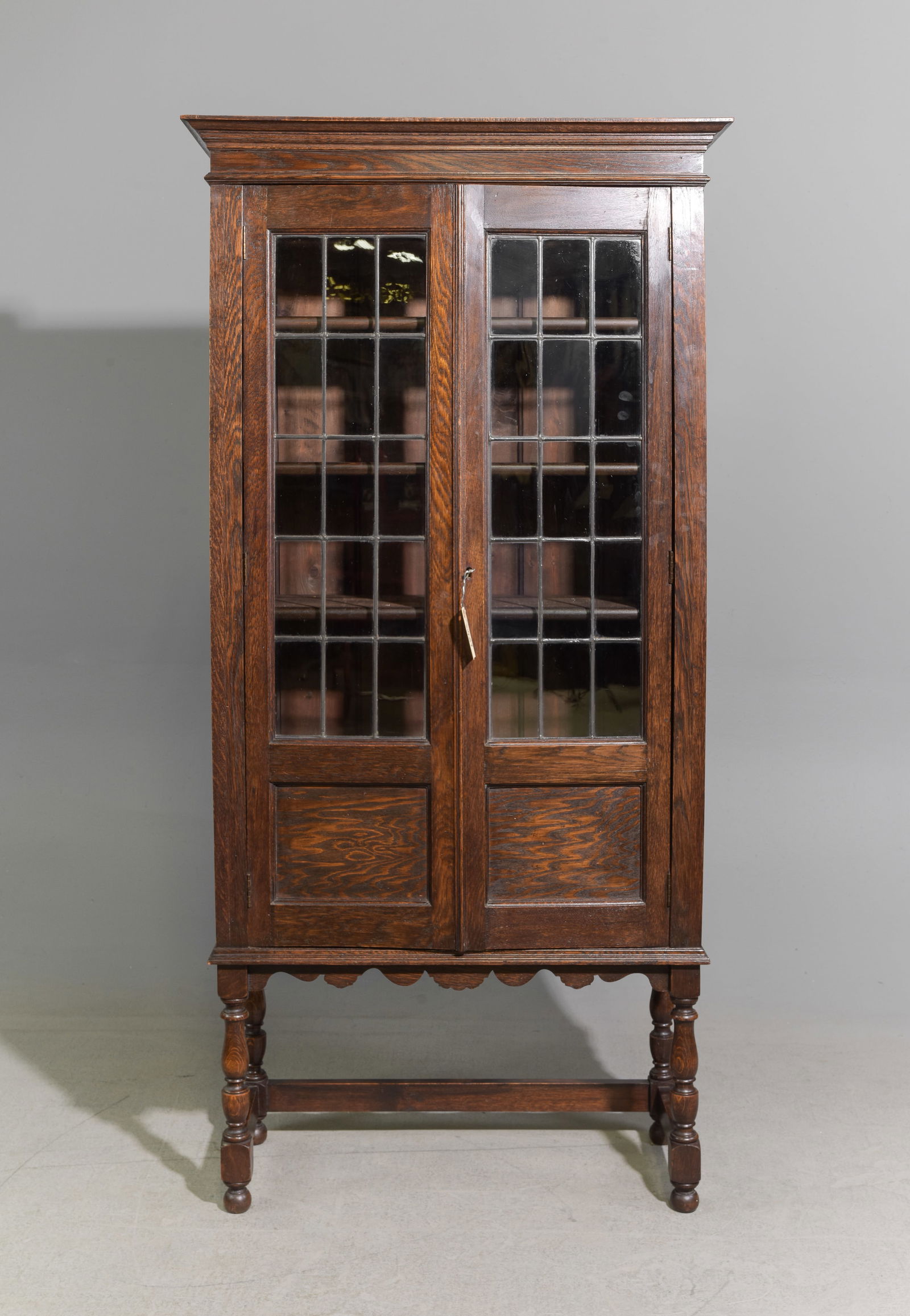 British Oak Double Door Leaded Glass Bookcase (1 of 8)