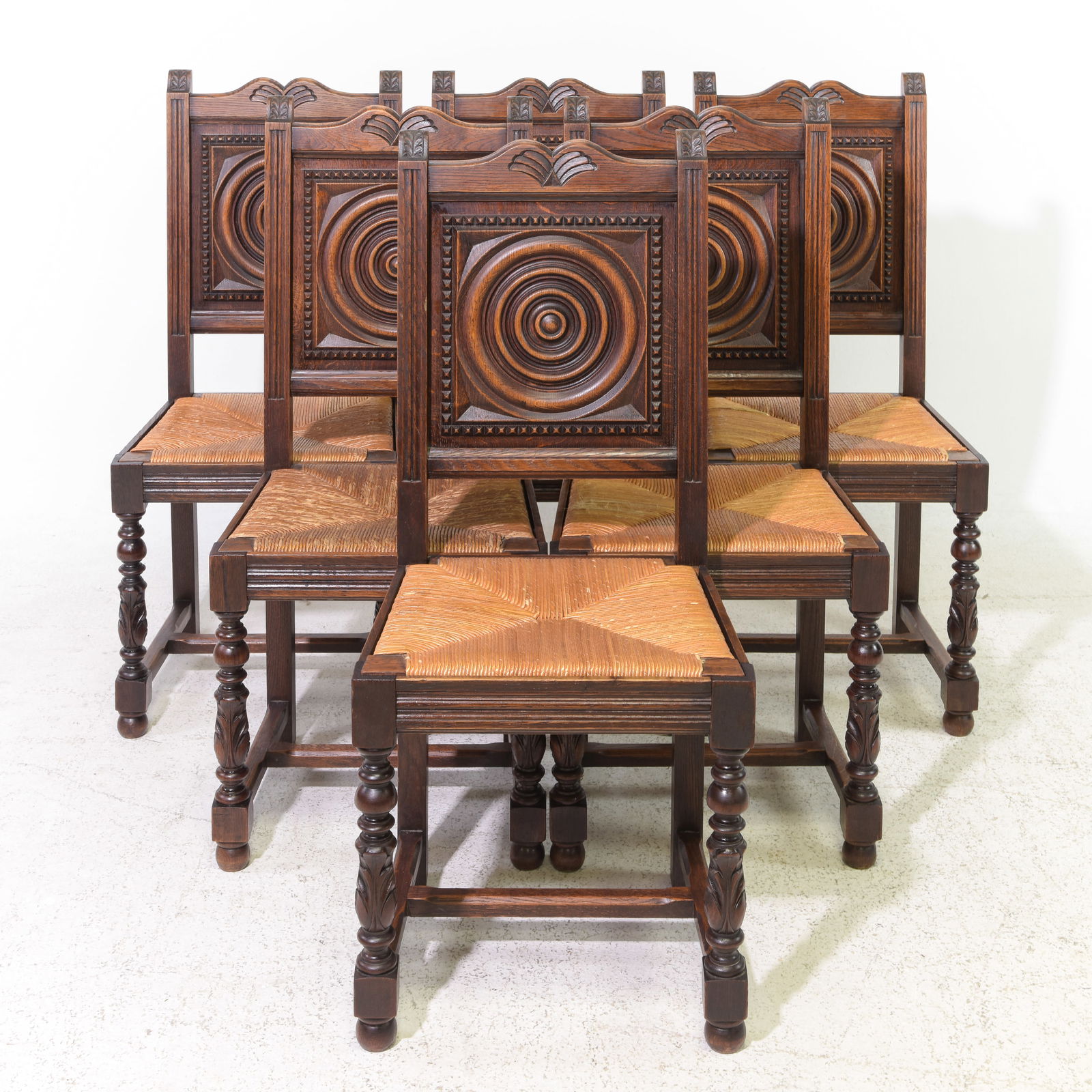 French Set of 6 Oak Basque Rush Seat Chairs: French Set of 6 Oak Basque Rush Seat Dining Chairs - 37.5 in tall x 17 x 18 each with a seat height of 17 inches