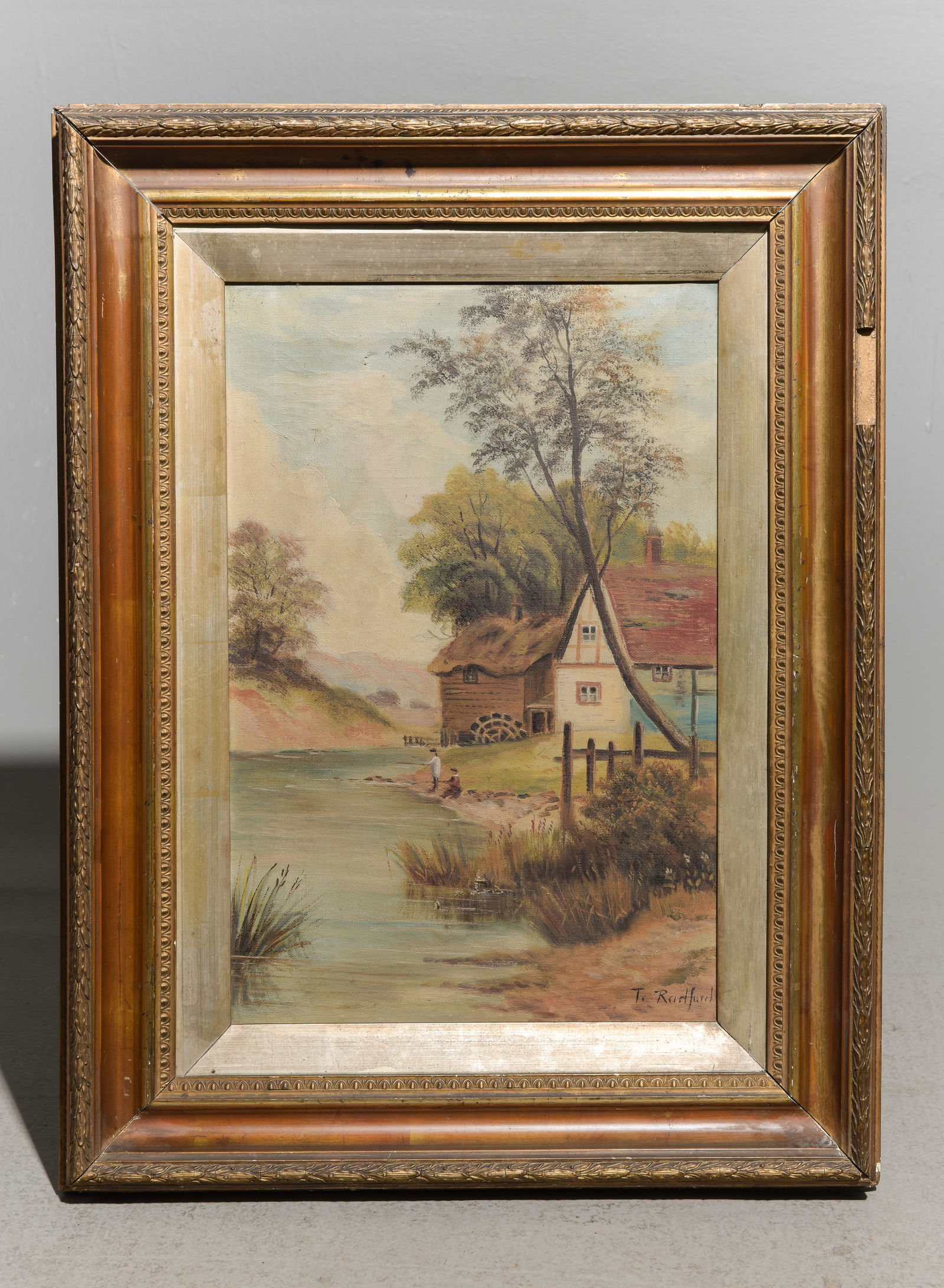 Antique Framed Oil on Canvas Riverside Homestead: Antique Framed Oil on Canvas Riverside Homestead - 25.5 in tall x 19.25 x 2.5, The work itself is 18 x 12