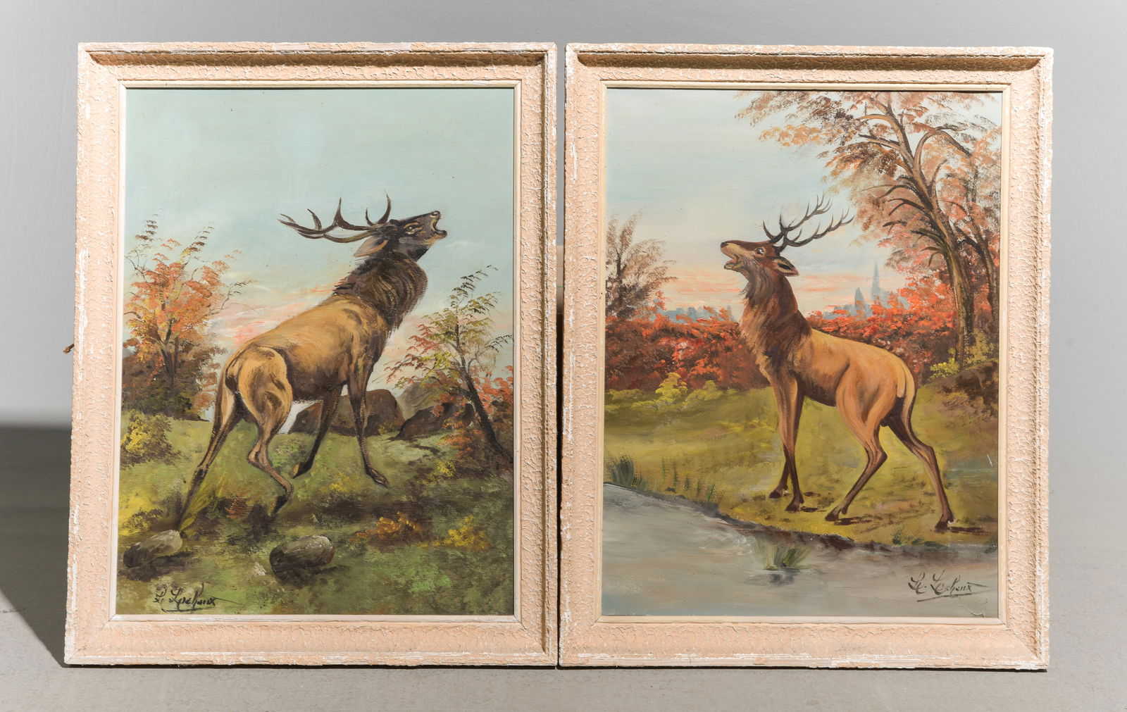 2 Framed Oil on Canvas Art - Stags / Deer: 2 Framed Oil on Canvas Art - Stags / Deer - 24.5 in tall x 19 x 1.25 each and the works themselves are 21.25 x 16 each