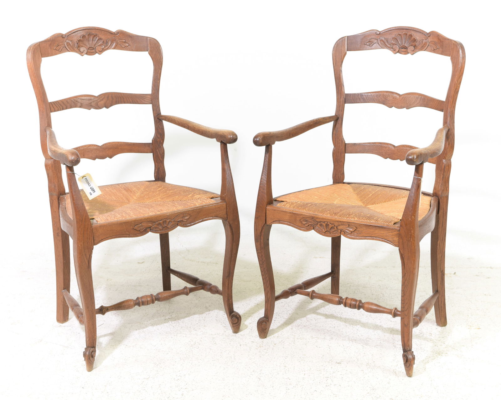 Louis XV Style Pair of Oak Rush Seat Arm Chairs: French Louis XV Style Pair of Oak Rush Seat Arm Chairs - 38.75 in tall x 21.5 x 20.5 with a seat height of 18.75 inches
