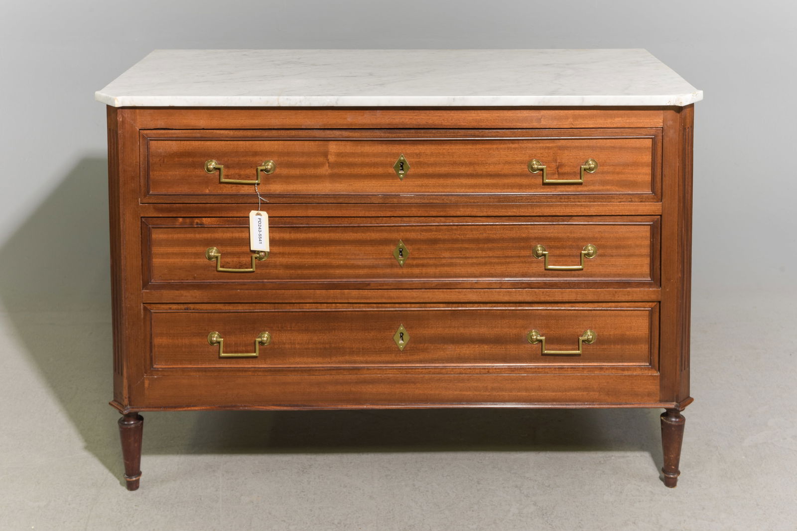 Louis XVI Style White Marble Top Chest: French Louis XVI Style White Marble Top Three Drawer Chest - 32.25 in tall x 47.75 x 21.25