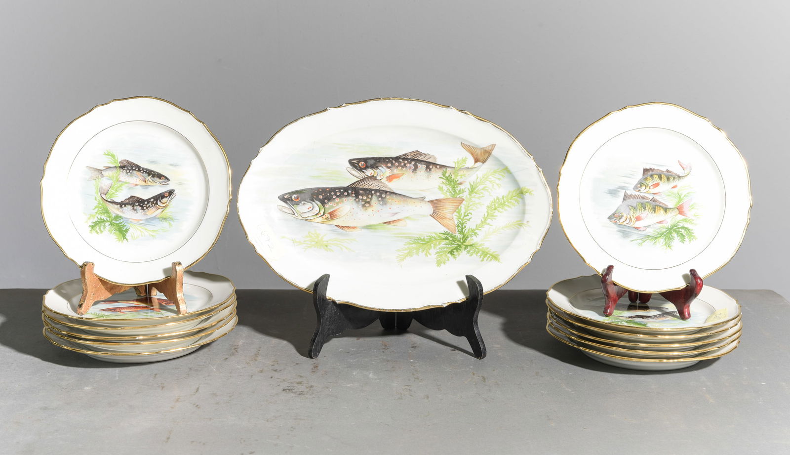 13pc French Fish Plate Set - Platter & 12 Plates: 13pc French Fish Plate Set - Platter & 12 Plates - 1.5 in tall x 15.5 x 10.5, Plates are 1 in tall x 9.5 inch diameter each