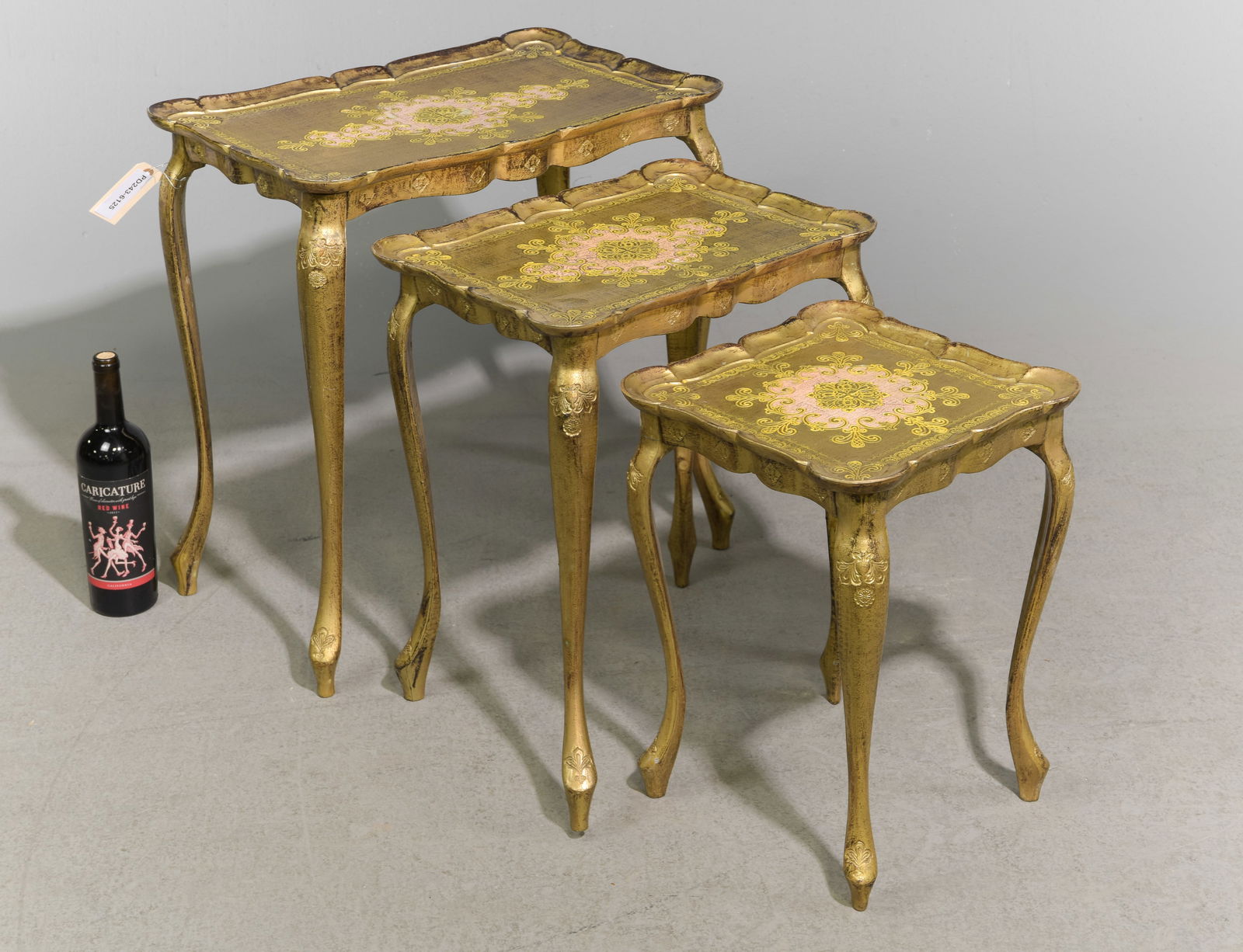 Florentine Style Pink & Gold Nest of 3 Tables: Florentine Style Pink & Gold Nest of 3 Tables - 22.5 in tall x 21 x 13.75, 19.75 in tall x 16.5 x 12.25 and 17 in tall x 12 x 12