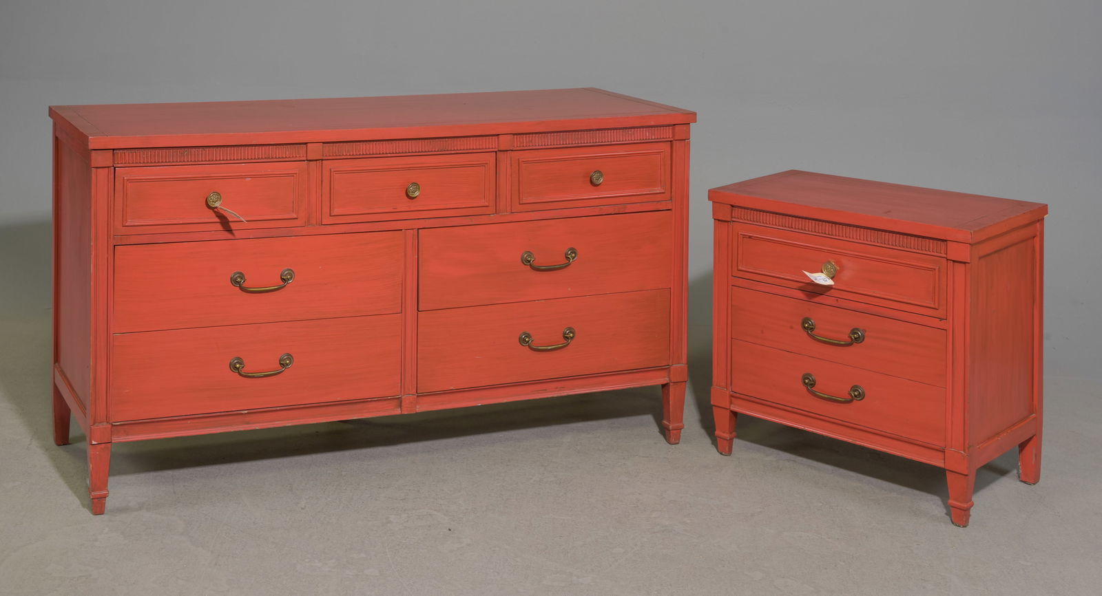 Red Painted Dresser / Chest & Bedside Chest: Red Painted Dresser / Chest & Bedside Chest / Nightstand - 31.5 in tall x 58 x 19 and 25 in tall x 24 x 16