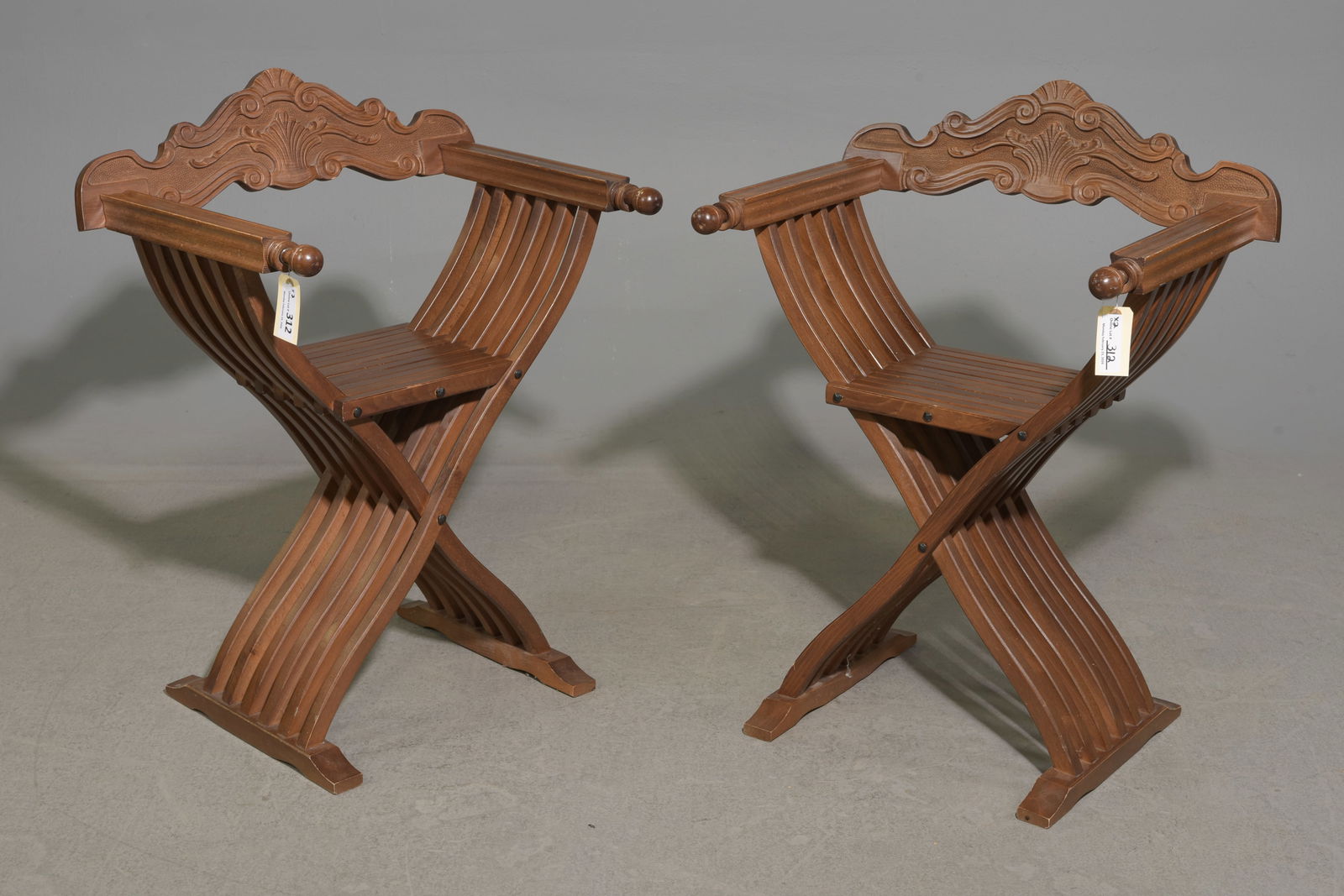 2 French Savonarola / Dante Chairs: 2 French Savonarola / Dante Chairs - 33.25 in tall x 25.25 x 19.5 each with a seat height 19 inches