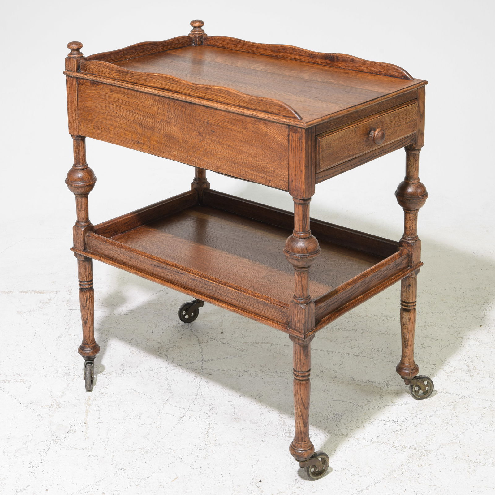 Tudor Style Oak Two Tier Trolley / Cart with Drawer: Tudor Style Oak Two Tier Trolley / Cart with Drawer - 32 in tall x 27.5 x 18.5