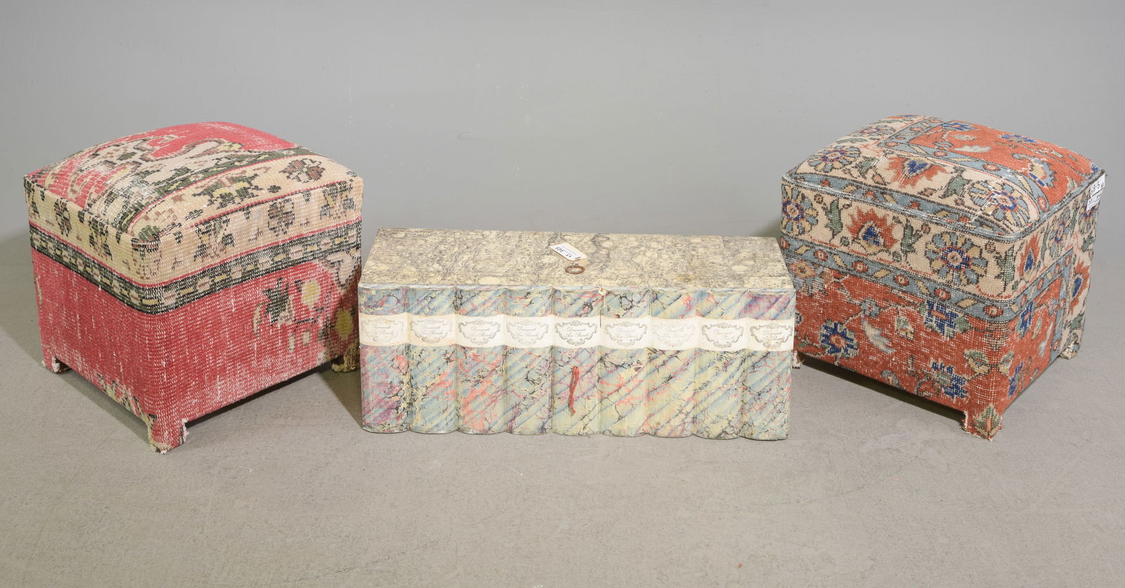 2 Carpet Upholstered Stools & Storage Box: 2 Upholstered Stools & Storage Box - 11.25 in tall x 30.5 x 10.5, Stools are 18 in tall x 19 x 19