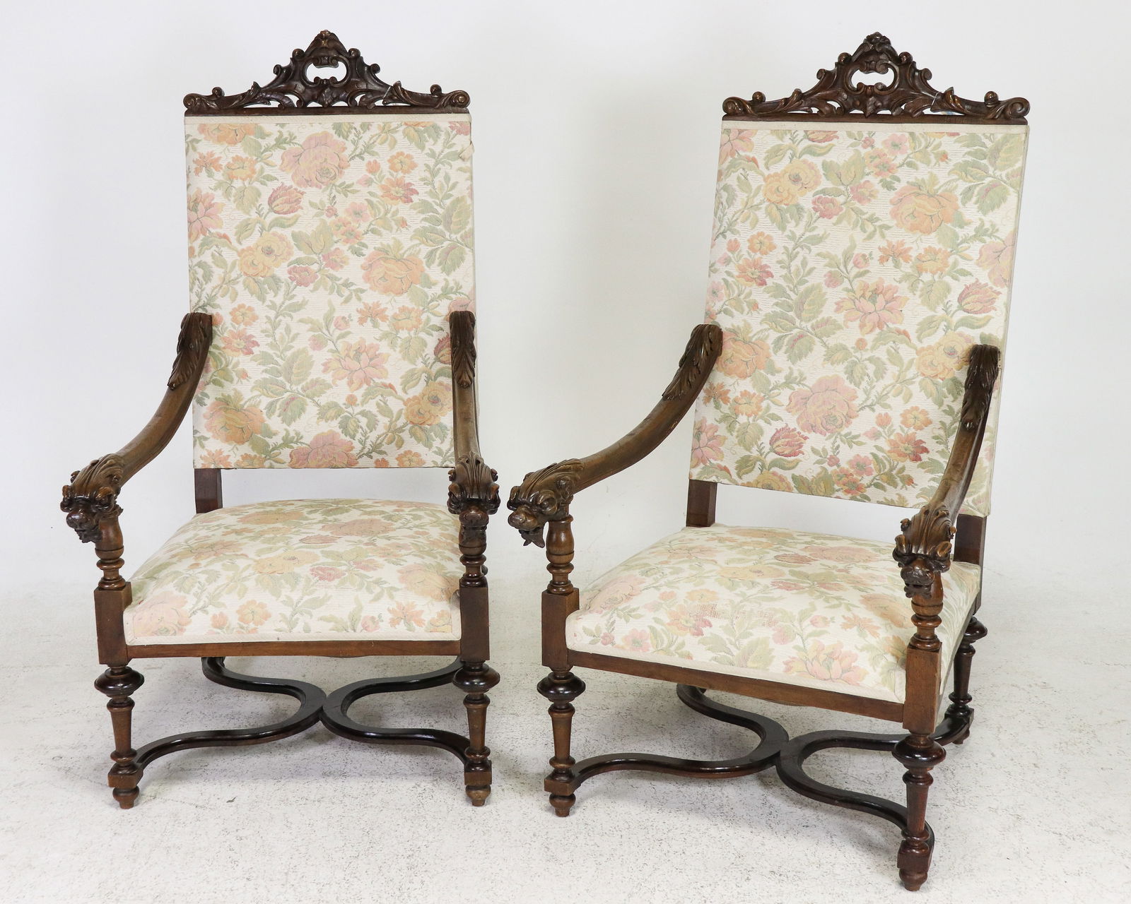 French Renaissance Style Pair of Walnut Arm Chairs (1 of 5)