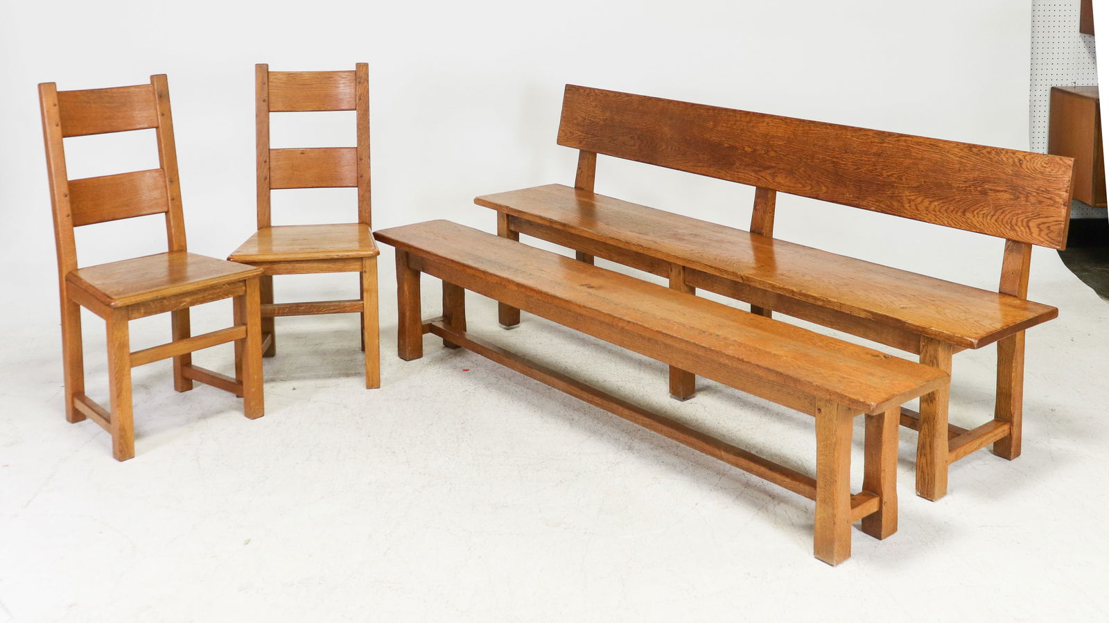 2 French Farmhouse Style Benches & 2 Chairs: 2 French Farmhouse Style Benches & 2 Chairs - tallest bench is 34.5 in tall x 86.75 x 12, seat height is 18.75 in, chairs are 40.5 in tall x 19 x 19, seat height is 19 in