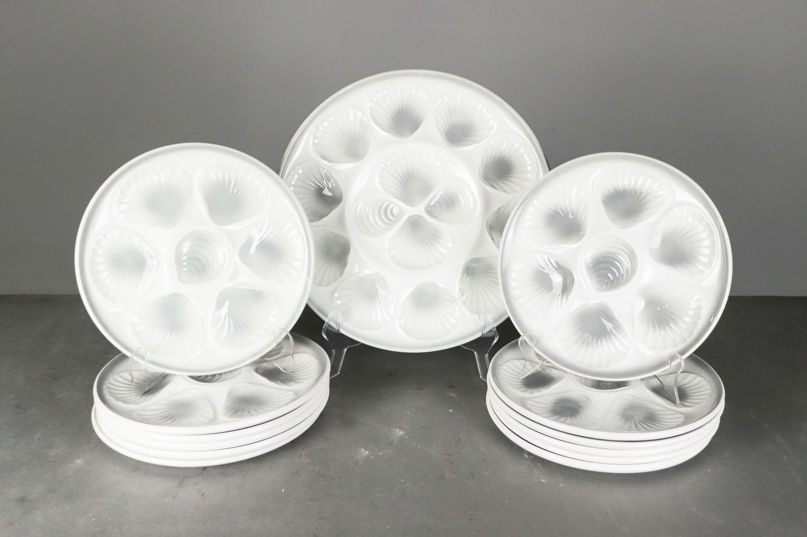 13pc French Oyster Plate Set - Platter & 12 Plates: 13pc French Oyster Plate Set - Platter & 12 Plates - platter is .5 in tall x 13 in diameter, plates are .5 in tall x 9.75 in diameter