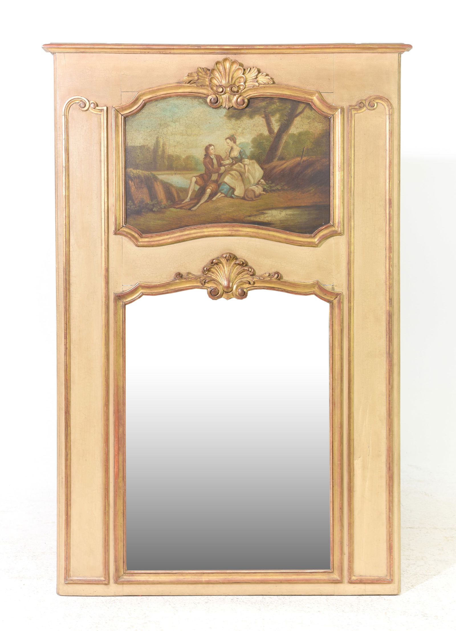 French Gilded & Painted Trumeau Mirror: French Gilded & Painted Trumeau Mirror - 59.5 in tall x 39 x 2.5