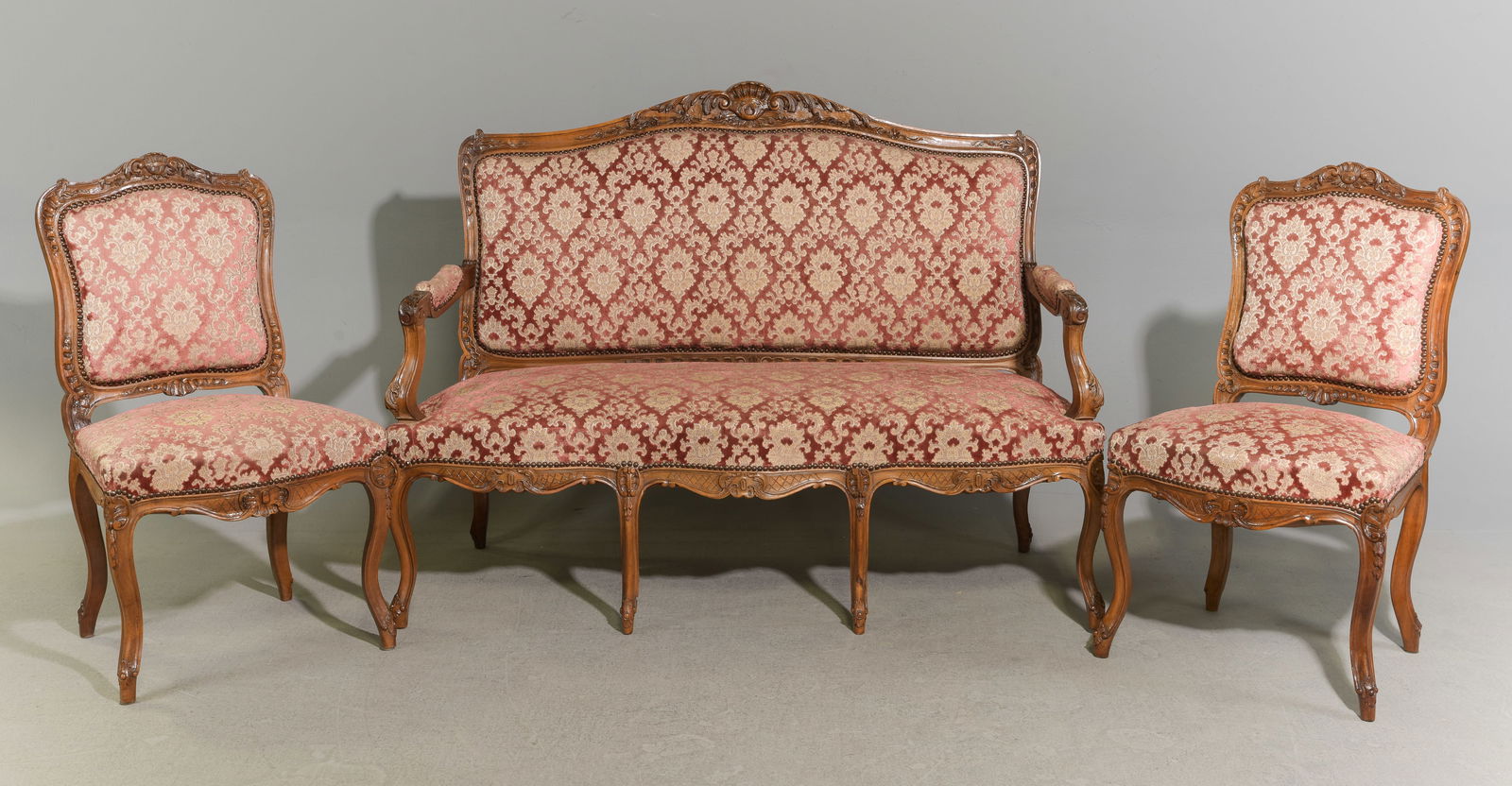 Louis XV Style Walnut Settee & 2 Side Chairs: French Louis XV Style Walnut Salon / Parlor Set - Settee & 2 Side Chairs - Settee is 42 in tall x 56 x 28 with a seat height of 18 inches, Side chairs are 37.5 in tall x 21.5 x 20 each with a seat