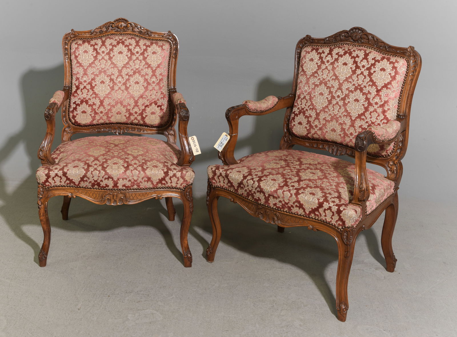 Louis XV Style Pair of Walnut Arm Chairs: French Louis XV Style Pair of Walnut Arm Chairs - 39 in tall x 28 x 25 each with a seat height of 17 inches