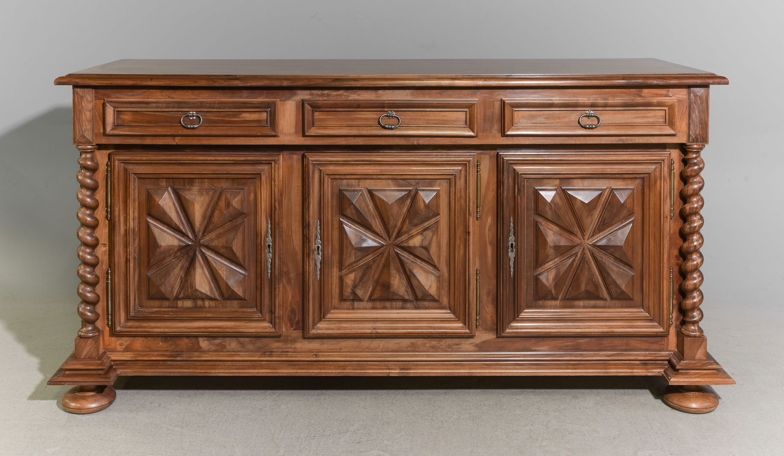 Louis XIII Style French Twist Sideboard: French Louis XIII Style French Twist Sideboard / Enfilade on Bun Feet - 41.5 in tall x 80 x 25.5