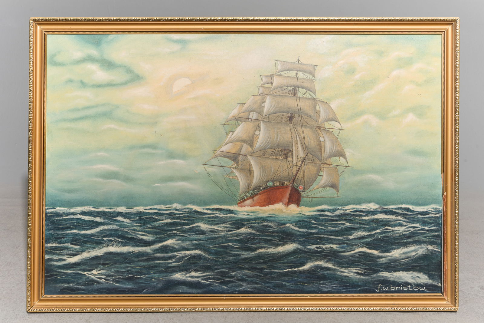 F. W. Bristow Oil on Canvas - Clipper Ship #2: F. W. Bristow Maritime Oil on Canvas - Clipper Ship 26.75 in tall x 38.5 x 1.5, The work itself is 23.75 x 35.25