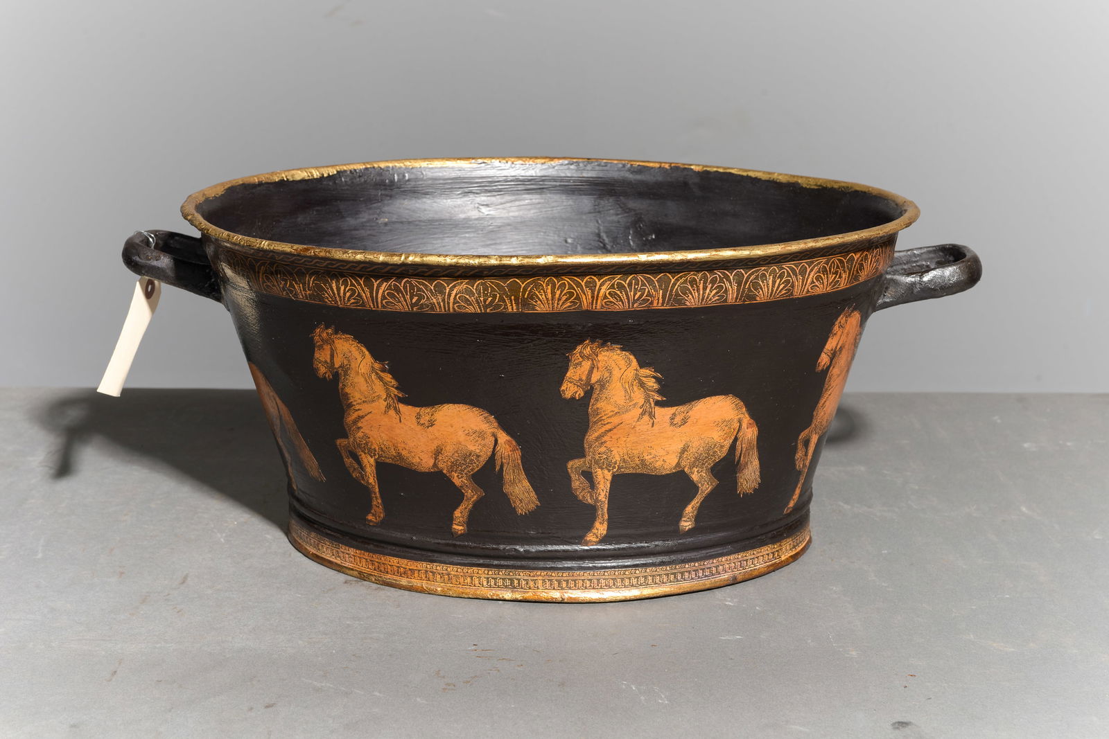 Decoupage Metal Planter with Horse Motif: Decoupage Metal Planter / Bucket with Horse Motif - 8.75 in tall x 21.25 x 14.25