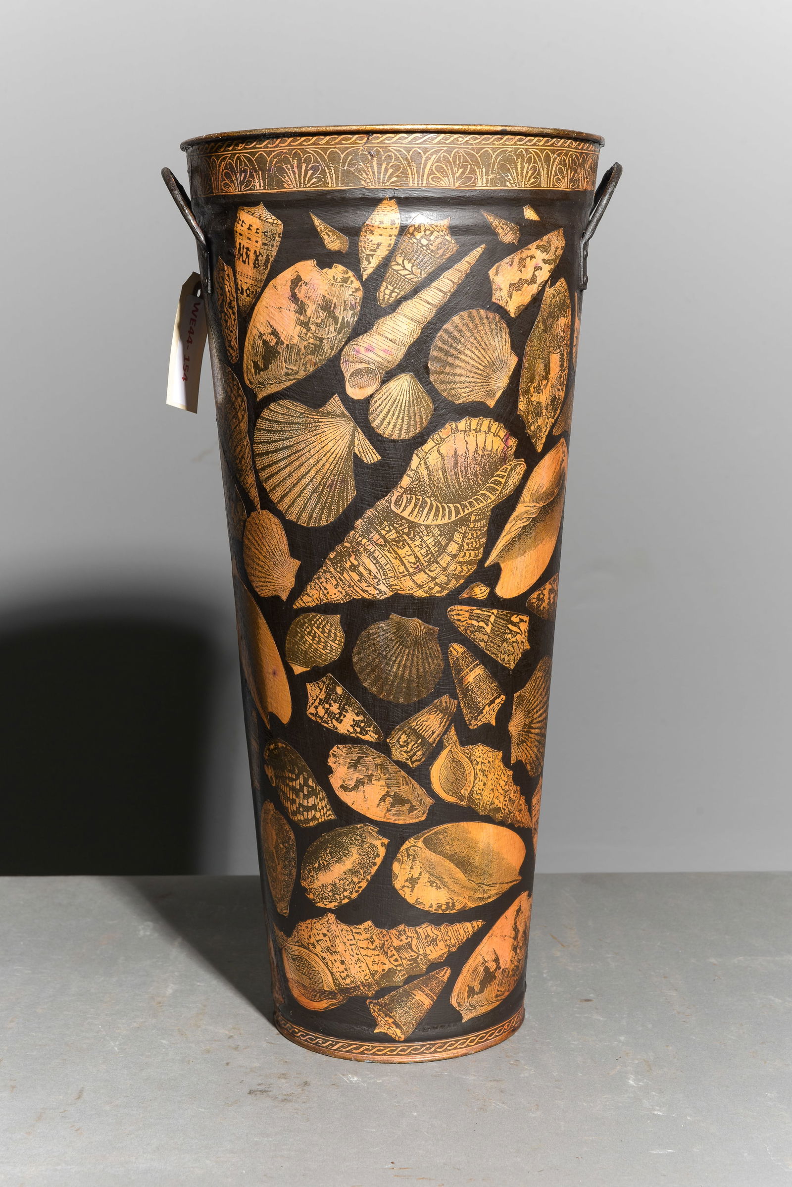 Decoupage Metal Stick Stand / Planter - Shells: Decoupage Metal Stick Stand / Planter with Shell Motif - 21.5 in tall x 11 x 10