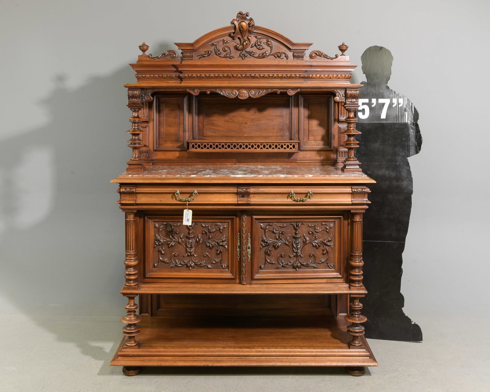 Henri II Style Inset Marble Top Walnut Server / Buffet: French Henri II Style Inset Marble Top Walnut Server / Buffet - 73 in tall x 50.5 x 20.5