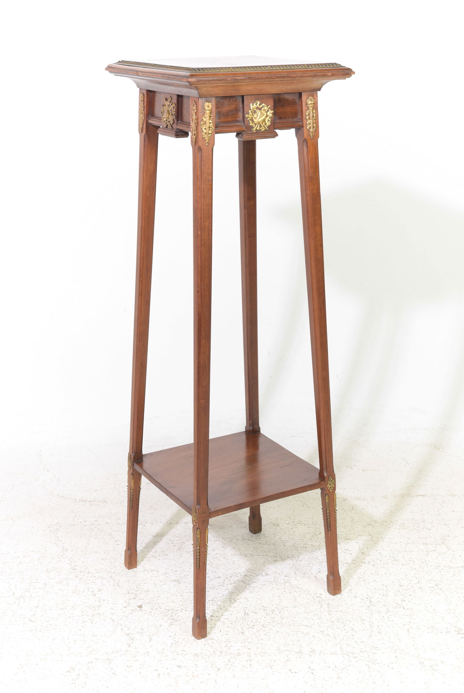 French Walnut Plant Stand / Pedestal: French Walnut Plant Stand / Pedestal with Gilded Ormolu Adornments - 43 in tall x 13.5 x 13.5