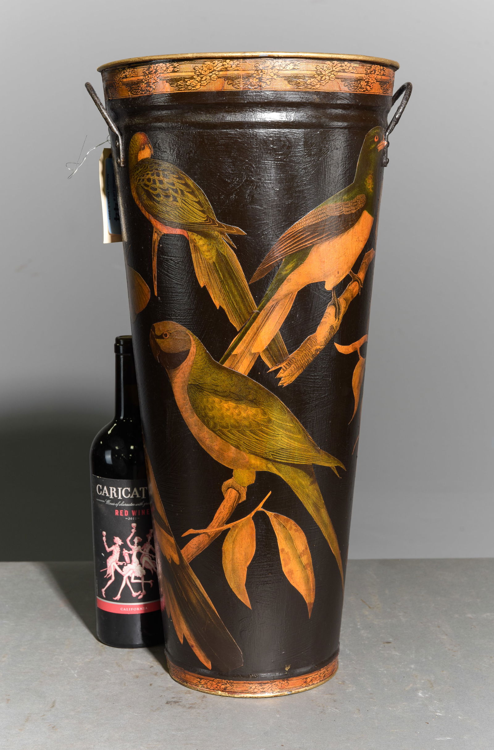 Decoupage Metal Stick Stand / Planter: Decoupage Metal Stick Stand / Planter with Avian / Bird Motif - 21.5 in tall x 11.5 x 9.5