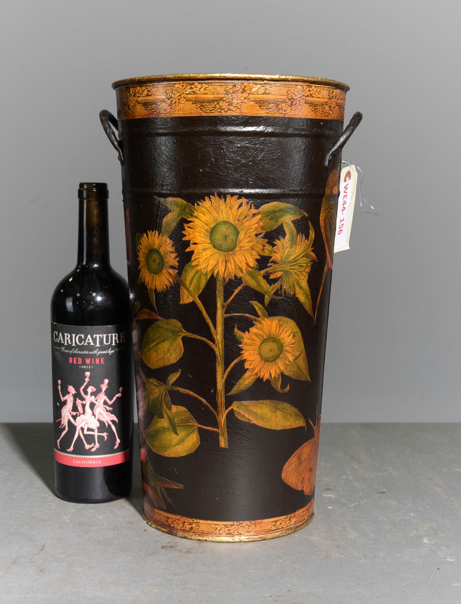 Decoupage Metal Stick Stand / Planter - Florals & Birds: Decoupage Metal Stick Stand / Planter with Floral & Bird / Avian Motif - 15.25 in tall x 9.5 x 8