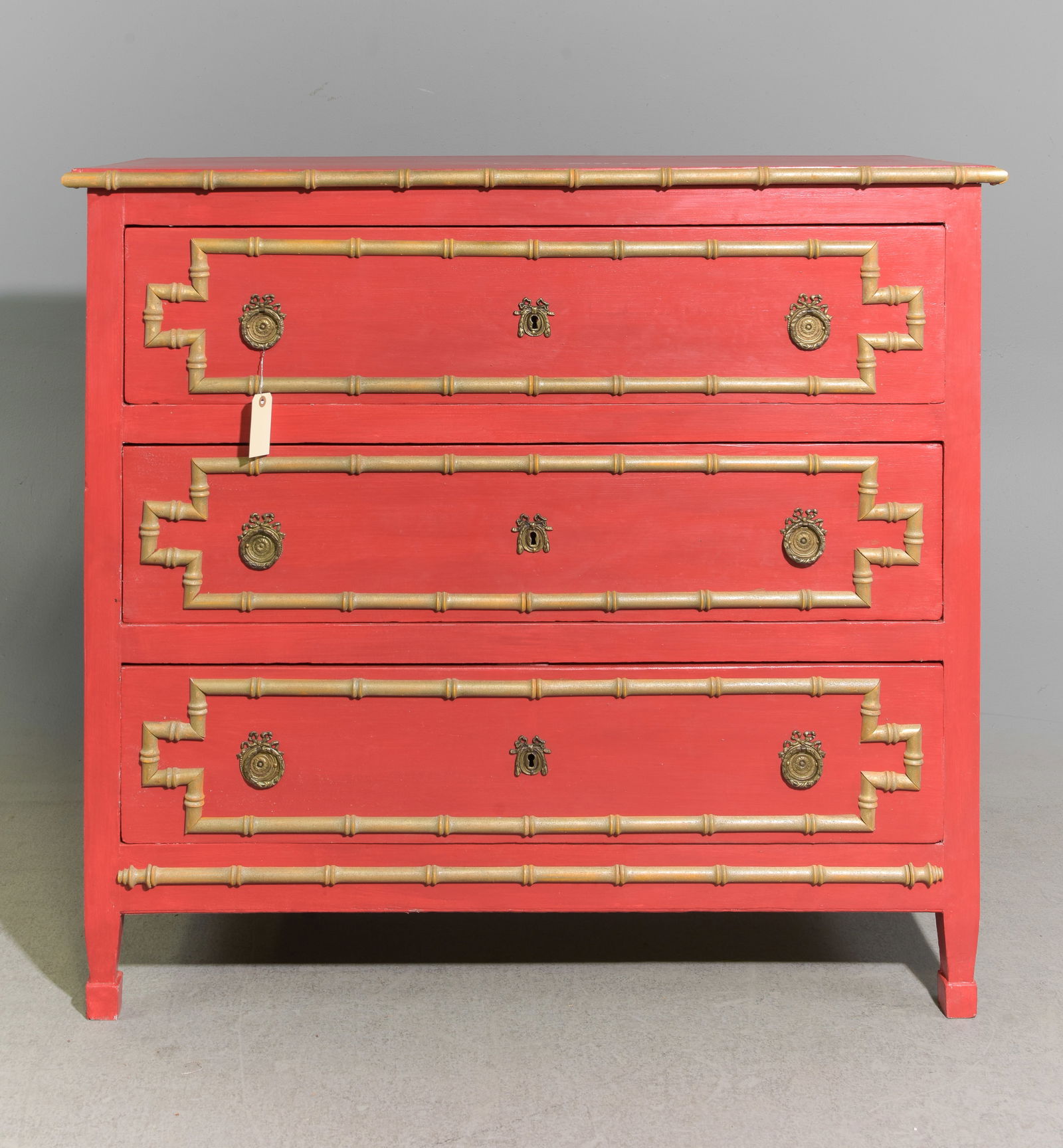 Faux Bamboo Red Painted Three Drawer Chest (1 of 5)