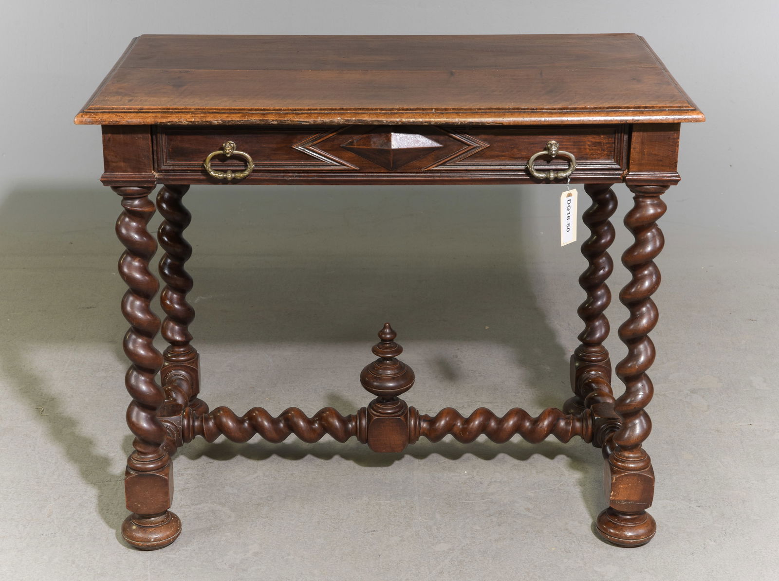 Louis XIII Style French Twist Writing Table: French Louis XIII Style French Twist Single Drawer Writing Table - 28.5 in tall x 35.5 x 22, Floor to under is 24 inches and the space between the legs is 28 inches