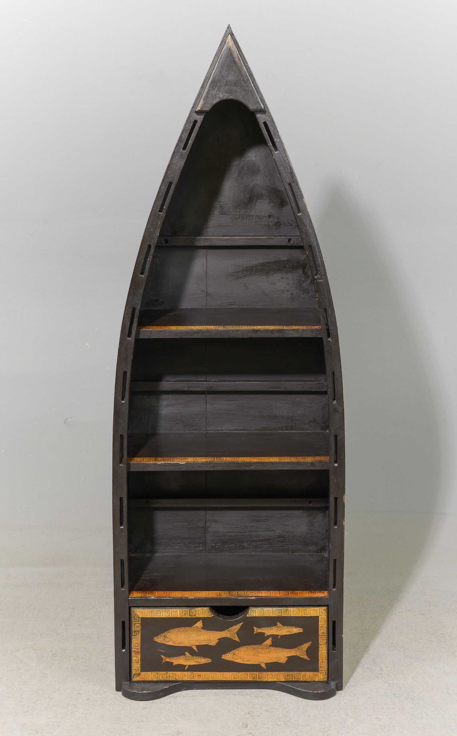Decoupage Boat Shaped Bookshelf with Fish Motif: Decoupage Boat Shaped Bookshelf with Fish Motif - 47 in tall x 16 x 8