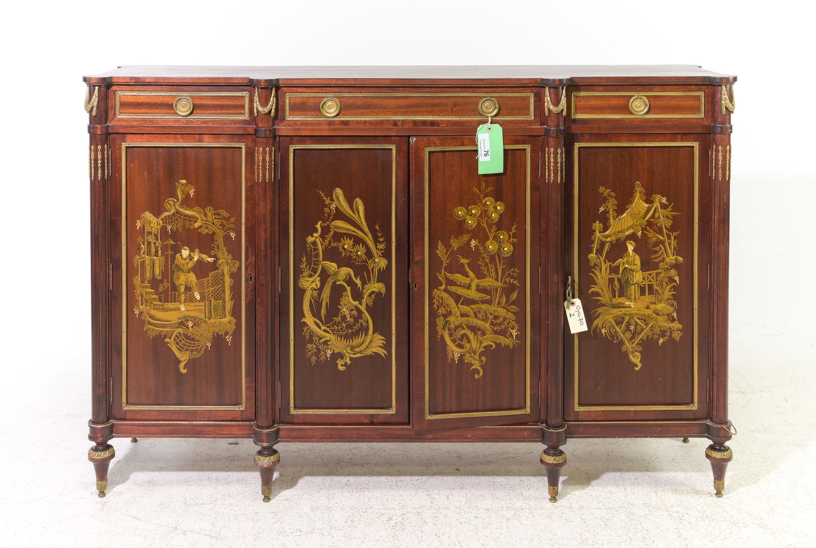 Louis XVI Style 4 Door Sideboard With Asian Motif: French Louis XVI Style Narrow 4 Door Sideboard With Asian Motif - 41 in tall x 62.75 x 16