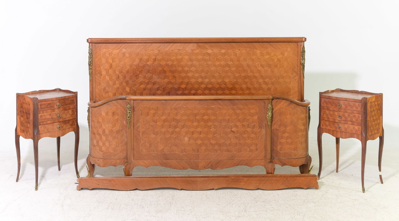 Louis XV Style Walnut Bed with Rails & 2 Nightstands: French Louis XV Style Walnut Bed with Rails & 2 Nightstands - Headboard is 43.75 x 69 x 3, Rails are 69 inches long each, Nightstands are 27.5 in tall x 15 x 12 each - This bed is a European size whic